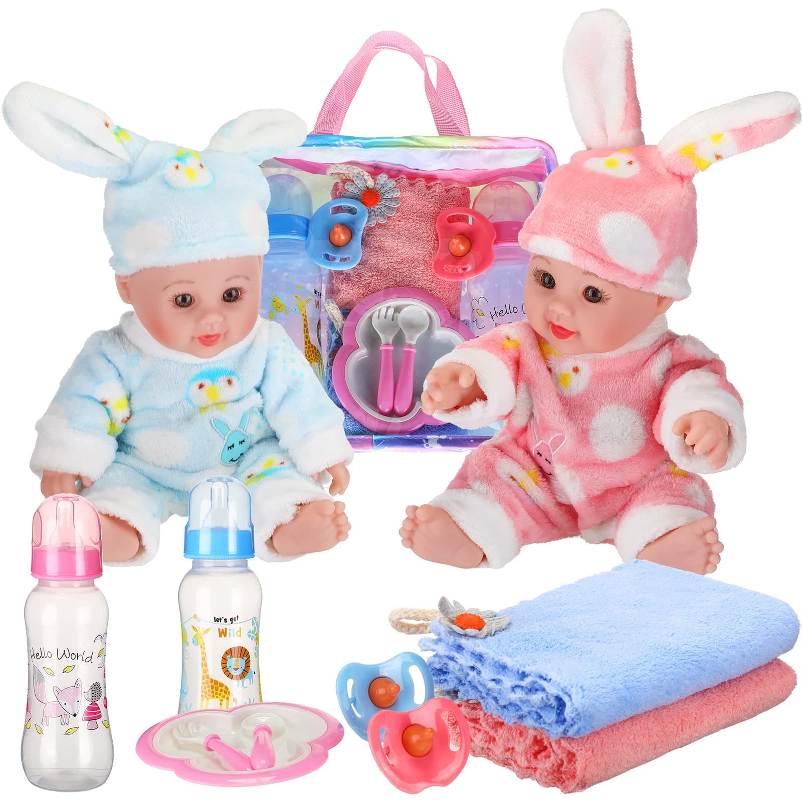10 Pcs Realistic Twin Baby Dolls Toy Set Include 2 Pcs 12 Inch Baby Dolls, Feeding Set, Pacifiers, Doll Diapers, Bags, Milk Bottles Removable Outfit for Toddler Kids 6+ Gift(White)