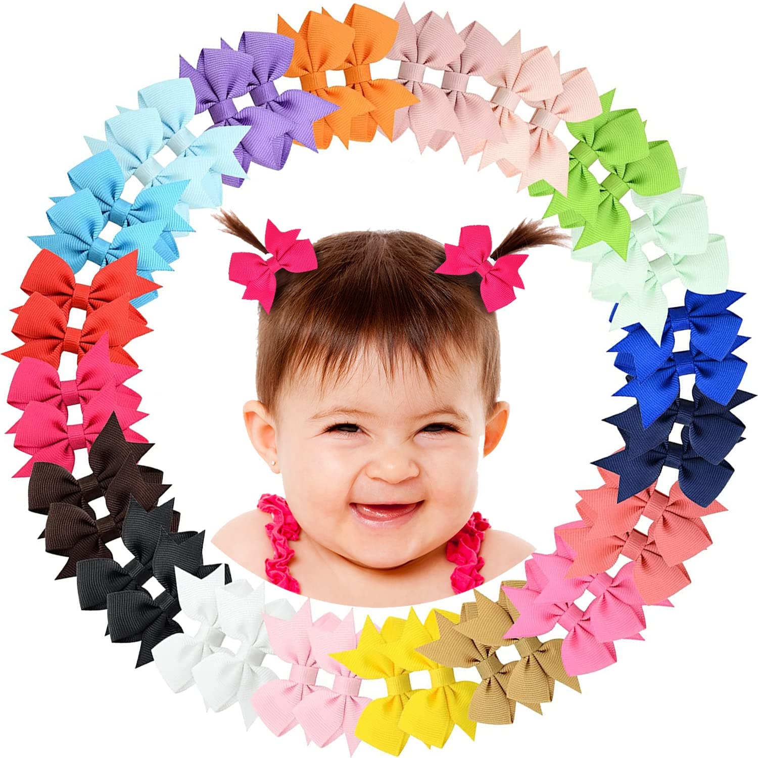 2" Baby Hair Clips Fully Lined Bows Tiny Alligator Clips for Infants and Toddlers in Pairs
