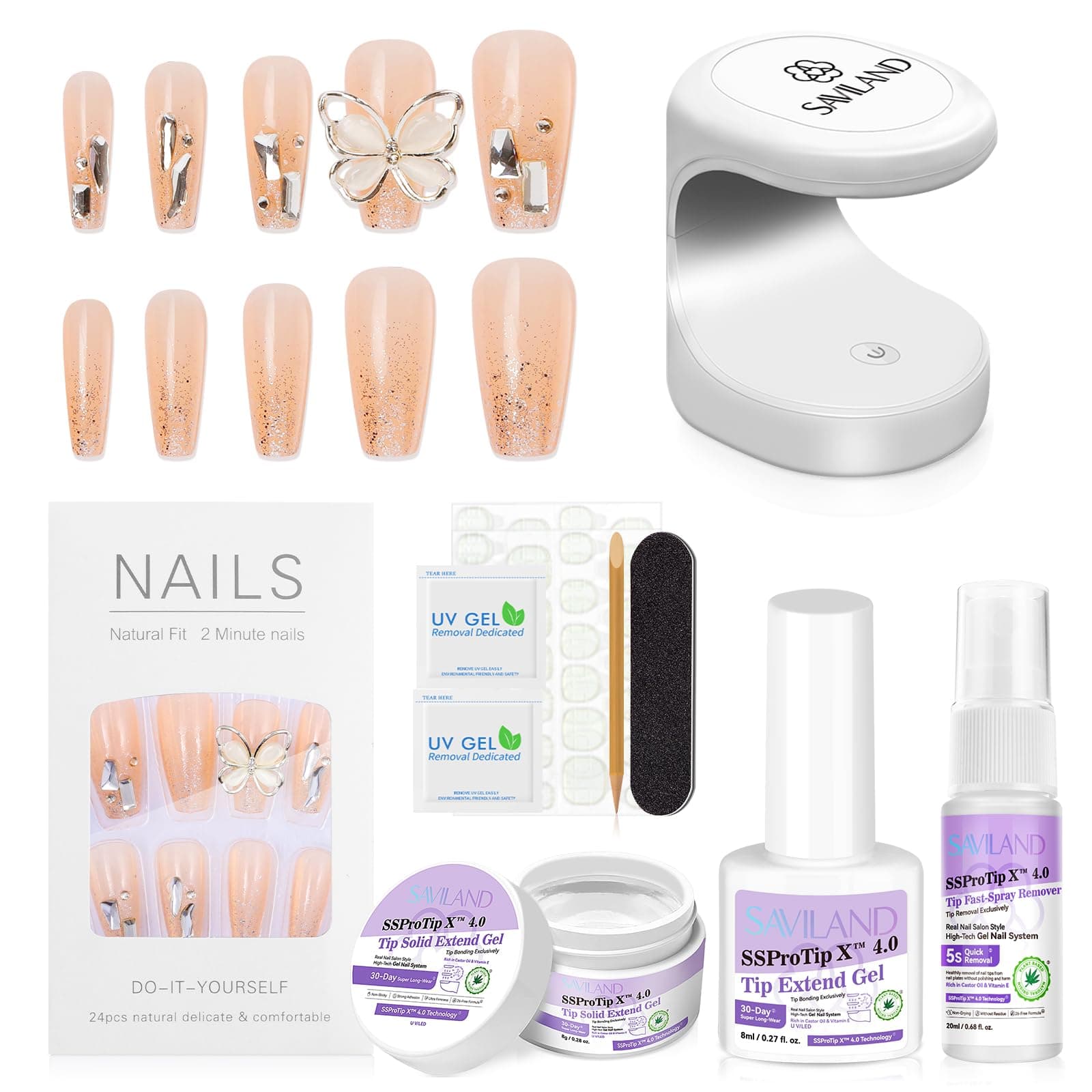SAVILAND Wedding Press-On Nails for Bride Set: Long-Last Press On Nails Gel Nail Kit GEL Glue Fake False Nails Thick Press On Nail Light Acrylic Tips DIY Nail Glitter Gift Kit