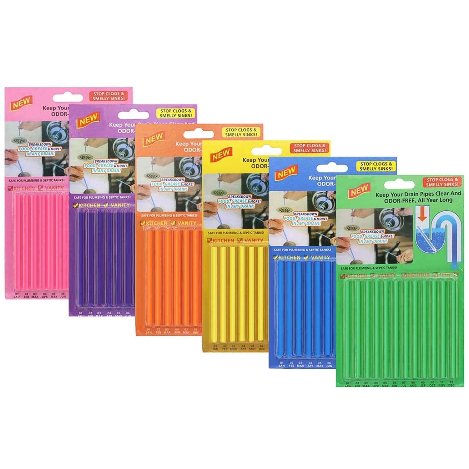 72pcs Drain Sticks Drain Cleaner Sticks Drain Sink Deodorizer Sticks Keep Your Drain Pipes Clear Prevent Clogs for Kitchen Bathroom Toilet (6 Color)