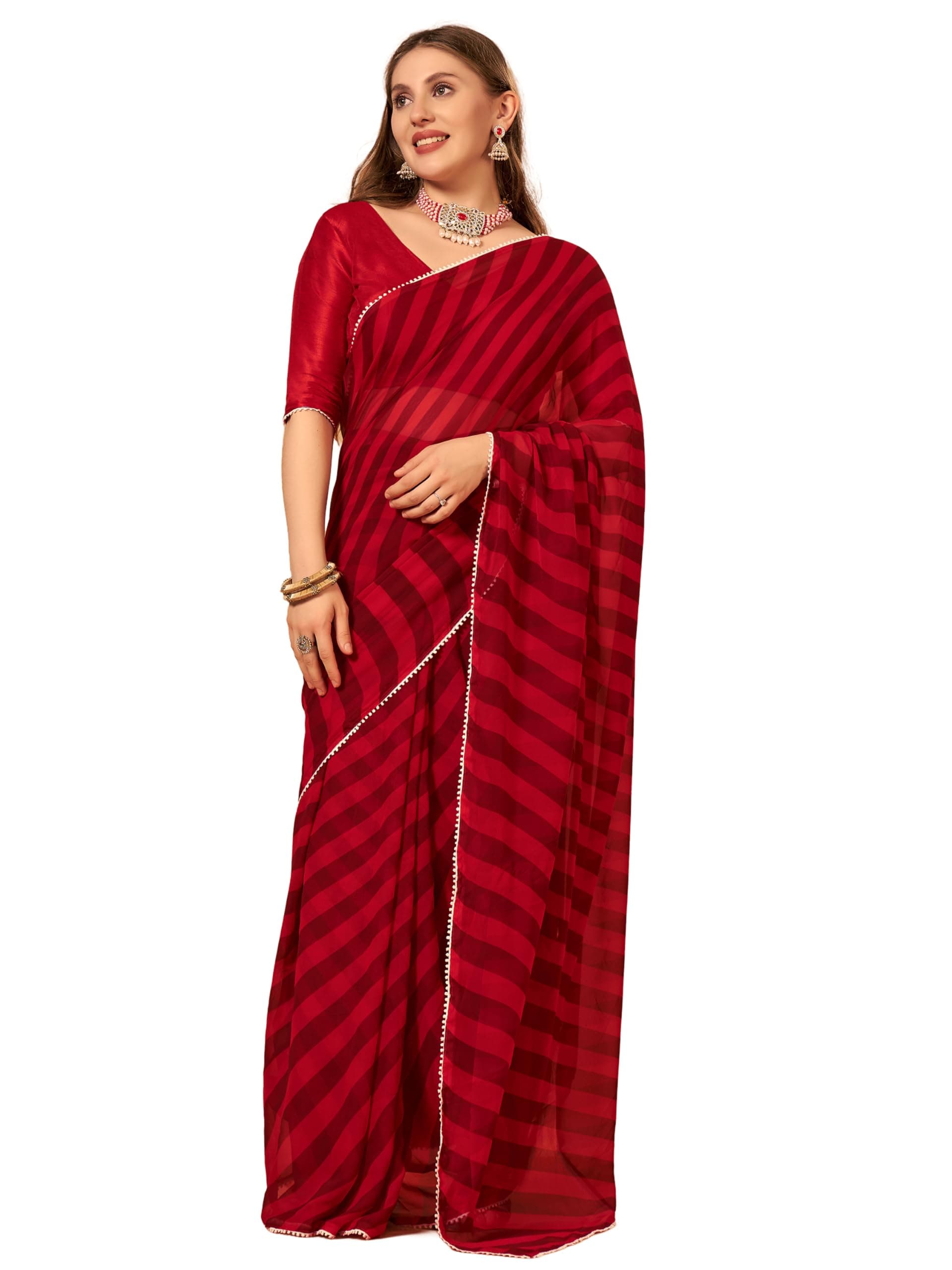 DIVUS Ready to wear Pre draped Prestitched one min readymade Designer Parywear saree with Unstitch Blouse (Redmaroon)