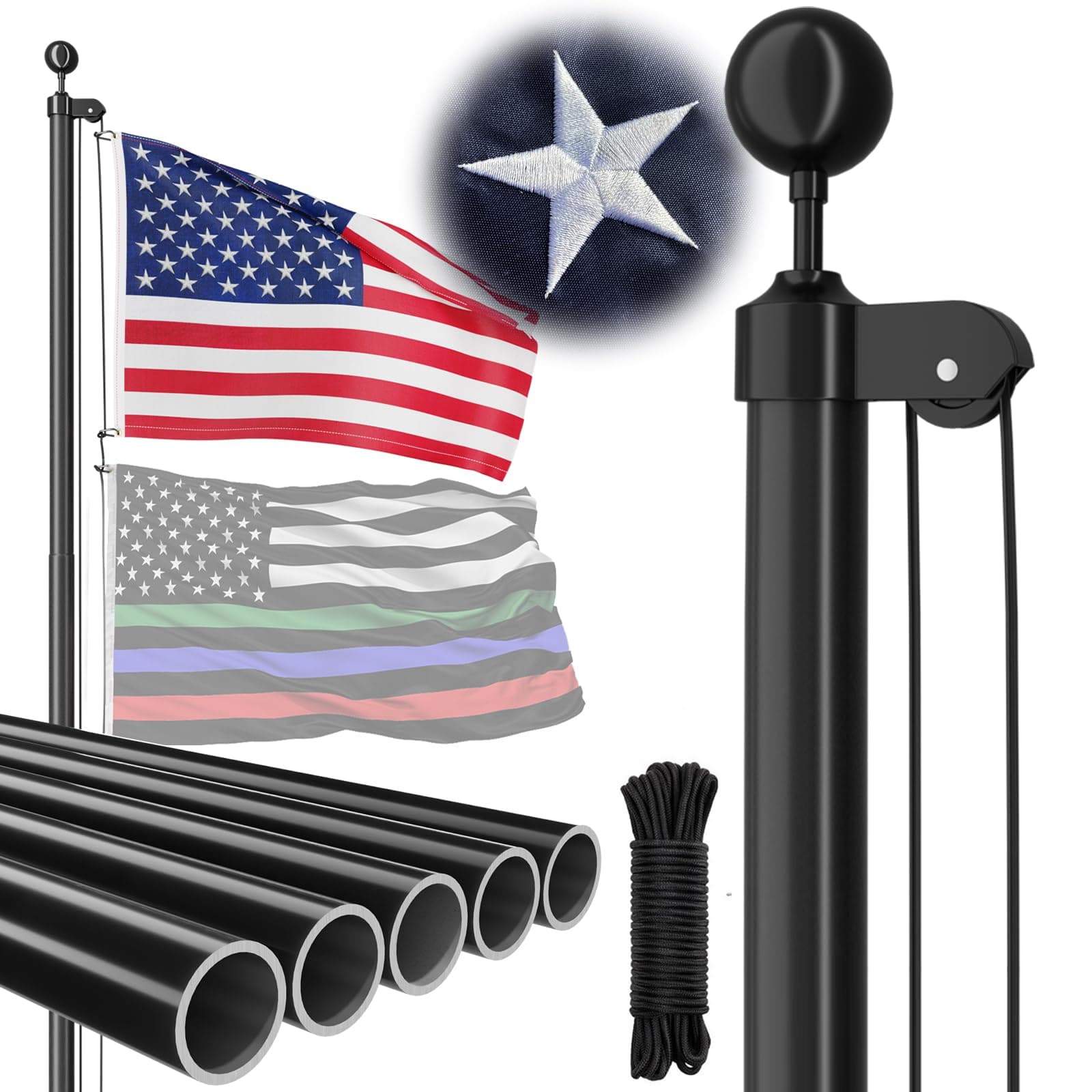 Heavy Duty 25 FT Flag Pole, 13 Gauge Extra Thick Aluminum Flagpole Kit with Embroidered Stars 3x5 American Flag for Outside House In Ground, 80MPH Wind Tested