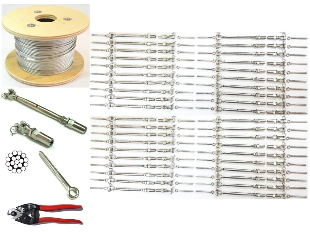 1/8 Cable Railing Kit 36".Stainless Steel 316 Cable 1/8 1*19 500 ft,Tensioner Quick Installation Stainless Steel 316 40-Pack,Welded Fork Swageless 40-Pack,Eye Terminal With Wood Screw 80-Pack 1 Cutter