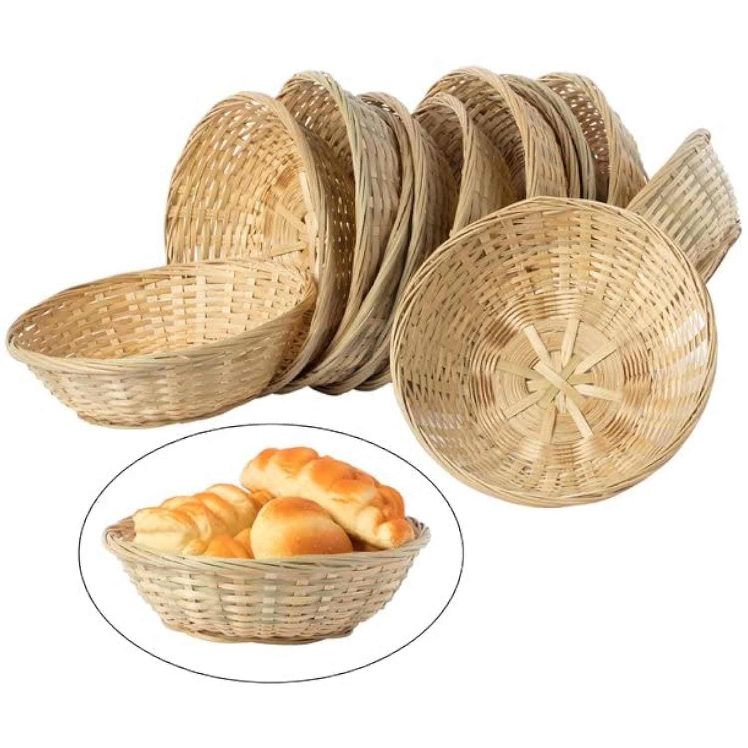 Get Goods GG Round 20cm Wicker Baskets - Weaved Bamboo - Kitchen Storage Hampers (8 Baskets)