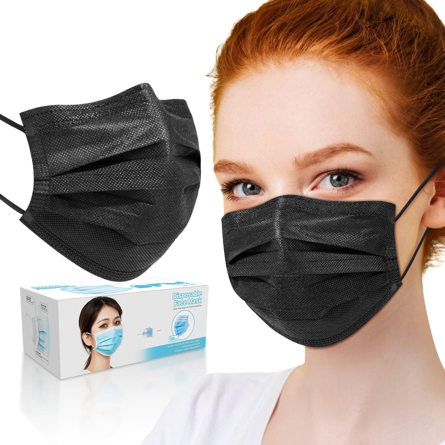 50 PCS Black Disposable Face Masks 3-Ply Filter Earloop Mouth Cover, Face Mask