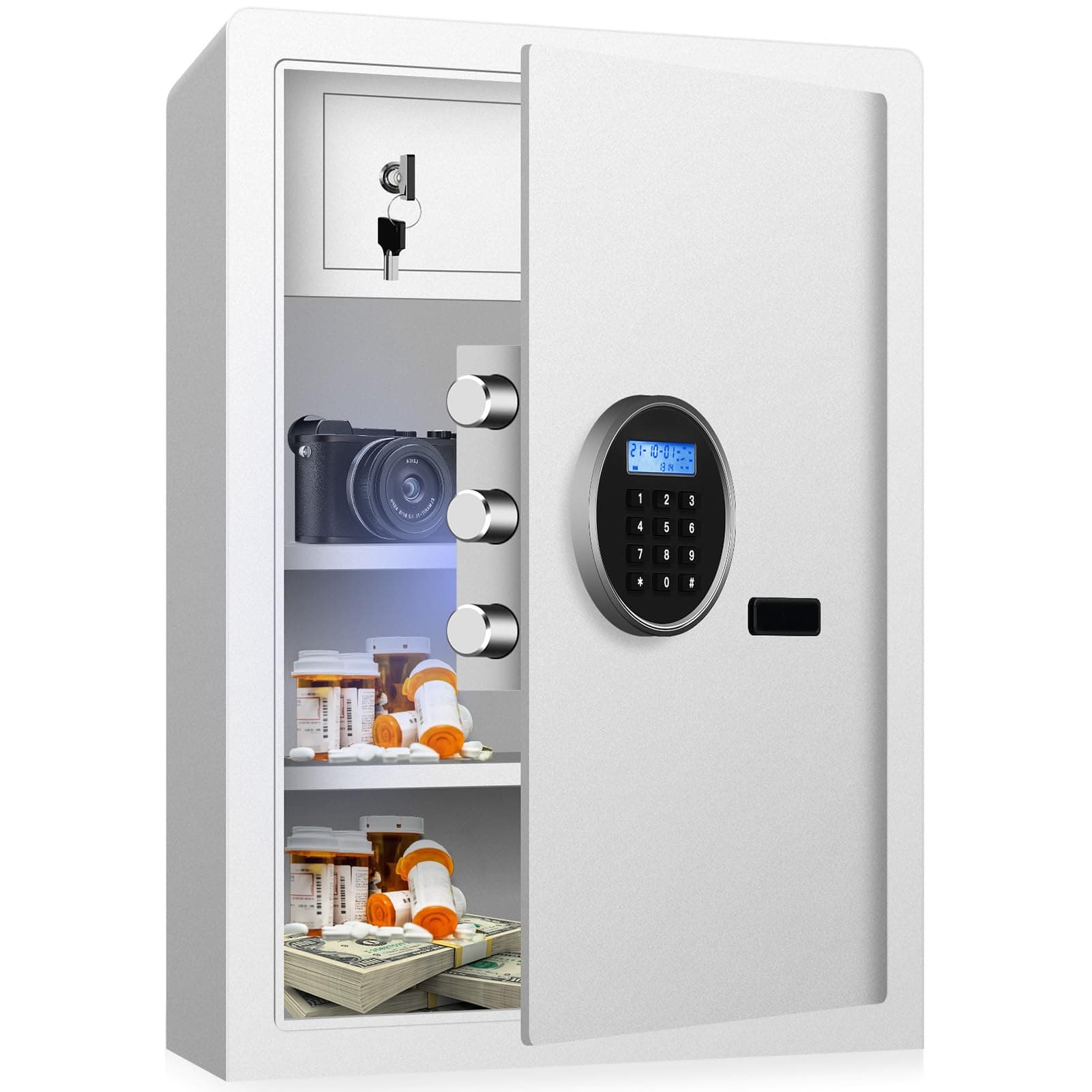 AltiKeep 1.7 Cu Ft Home Safe Fireproof Waterproof for Medication, Jewelry, Cash Safety Box with LCD Display Extra Lock Box, Adjustable Dividers, LED Light Vibration Alarm, Wall Mounted