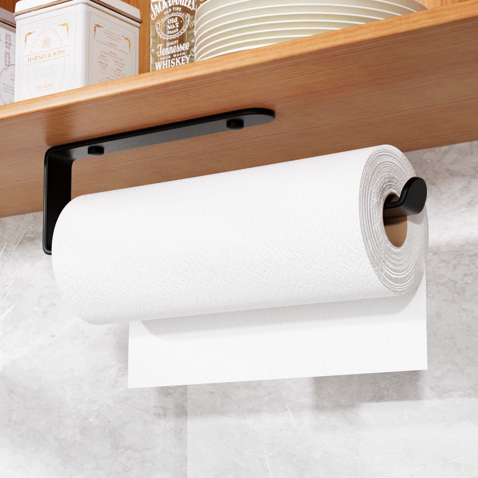 Kitchen Roll Holder-Self Adhesive or Drilling Paper Towel Rack Under Cabinet,Wall Mounted Matte Black,Suitable for Pantry, Cupboard, Bathroom, RV