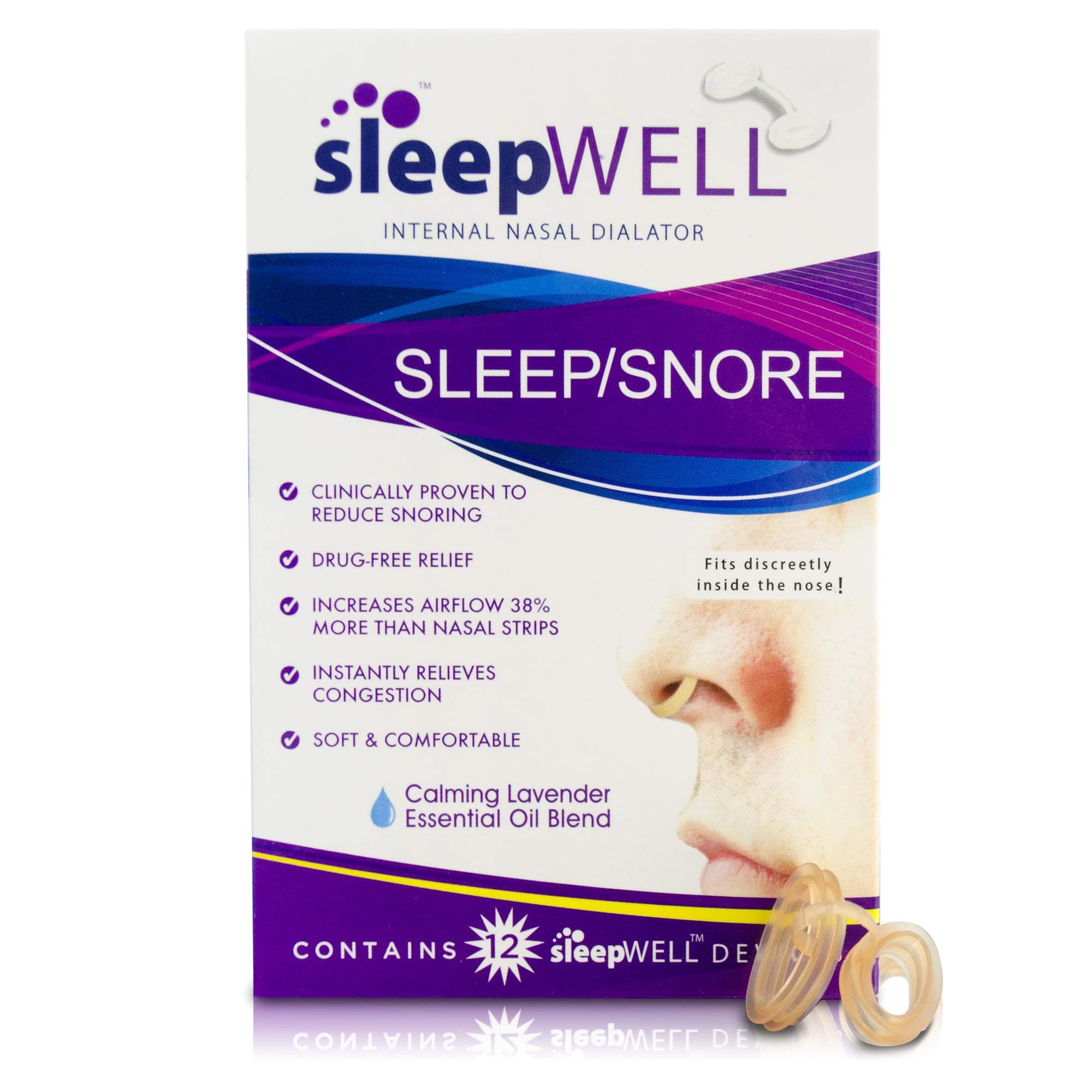 sleepWELL Snoring Solution, Internal Nasal Dilators for Increased Airflow & Easier Breathing, Snore Stopper for More Restful, Restorative Sleep, Soft & Comfortable, Latex Free & Drug Free, 12 Count