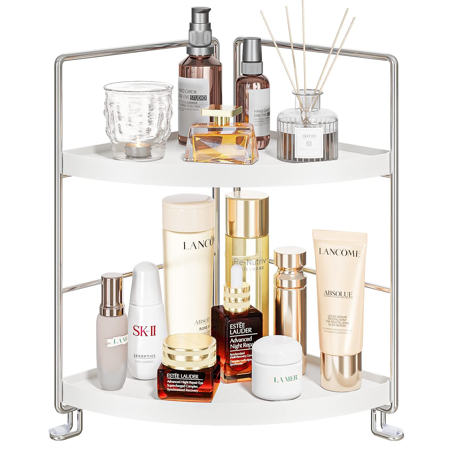 2-Tier Bathroom Corner Counter Organizer, Makeup Storage Shelf Vanity Tray, Bathroom Sink Countertop Organizer, Silver