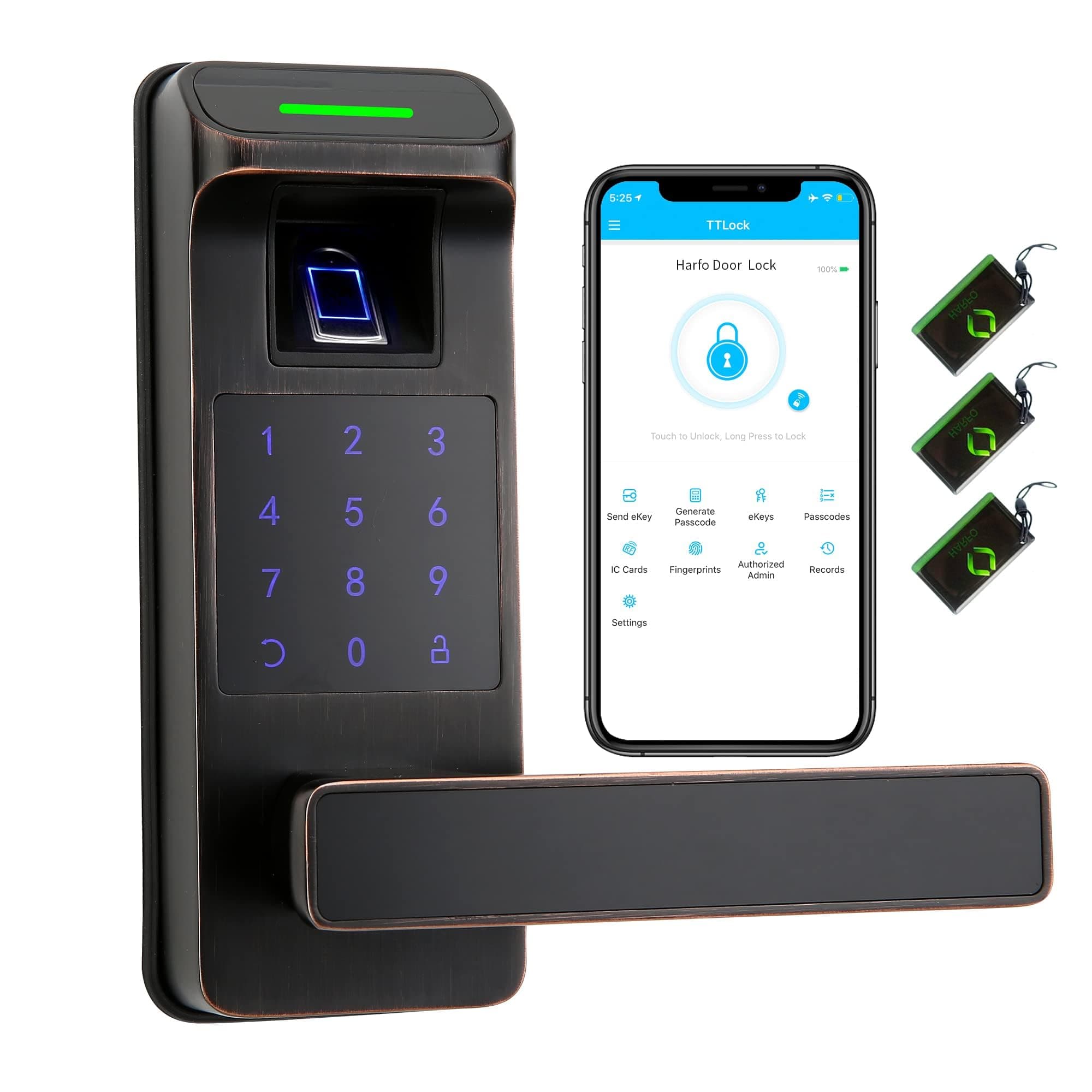 Harfo Fingerprint Door Lock, Heavy Duty Full APP Control Touchscreen Keypad Keyless Lock with Reversible Handle, Perfect for Home/Office/Bedroom Doors (Aged Bronze)