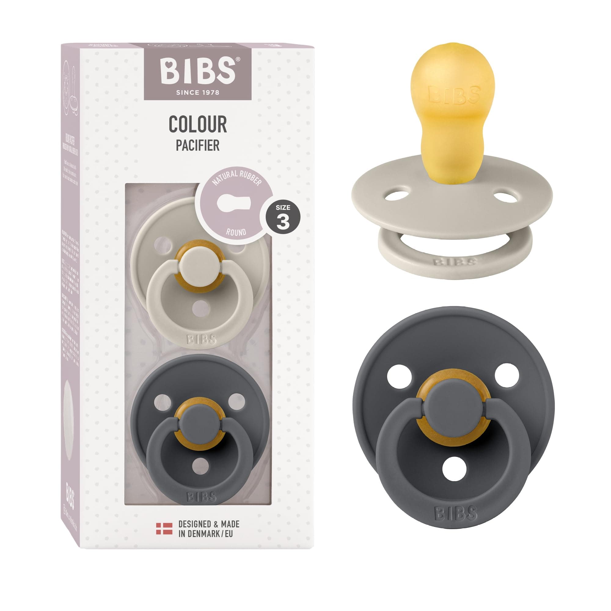 BIBS Colour Soother 2-Pack, BPA Free Dummy Pacifier, Made in Denmark, Size 3 (18+ Months), Sand/Iron