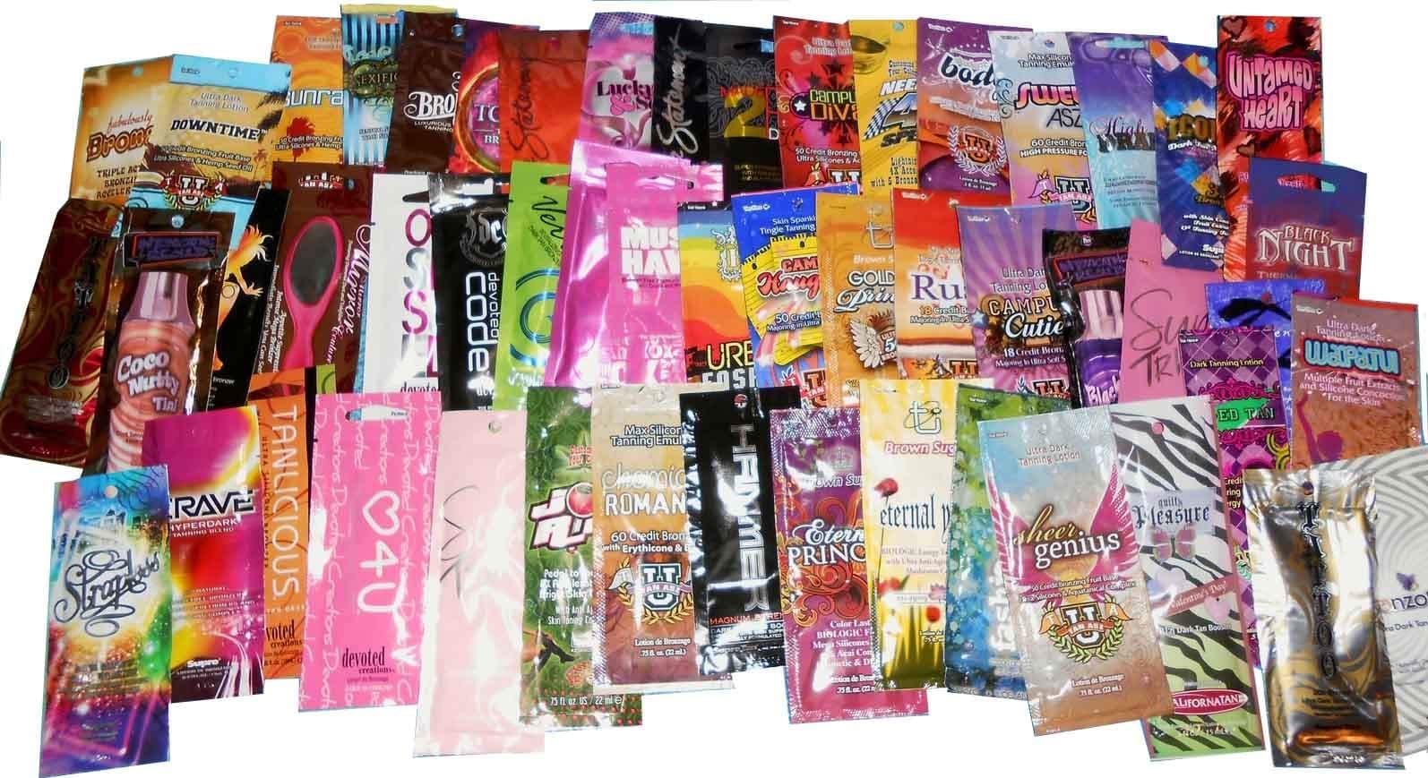 Frohmen 50 NEW ASSORTED INDOOR TANNING BED LOTION PACKETS SAMPLES PACKETTES