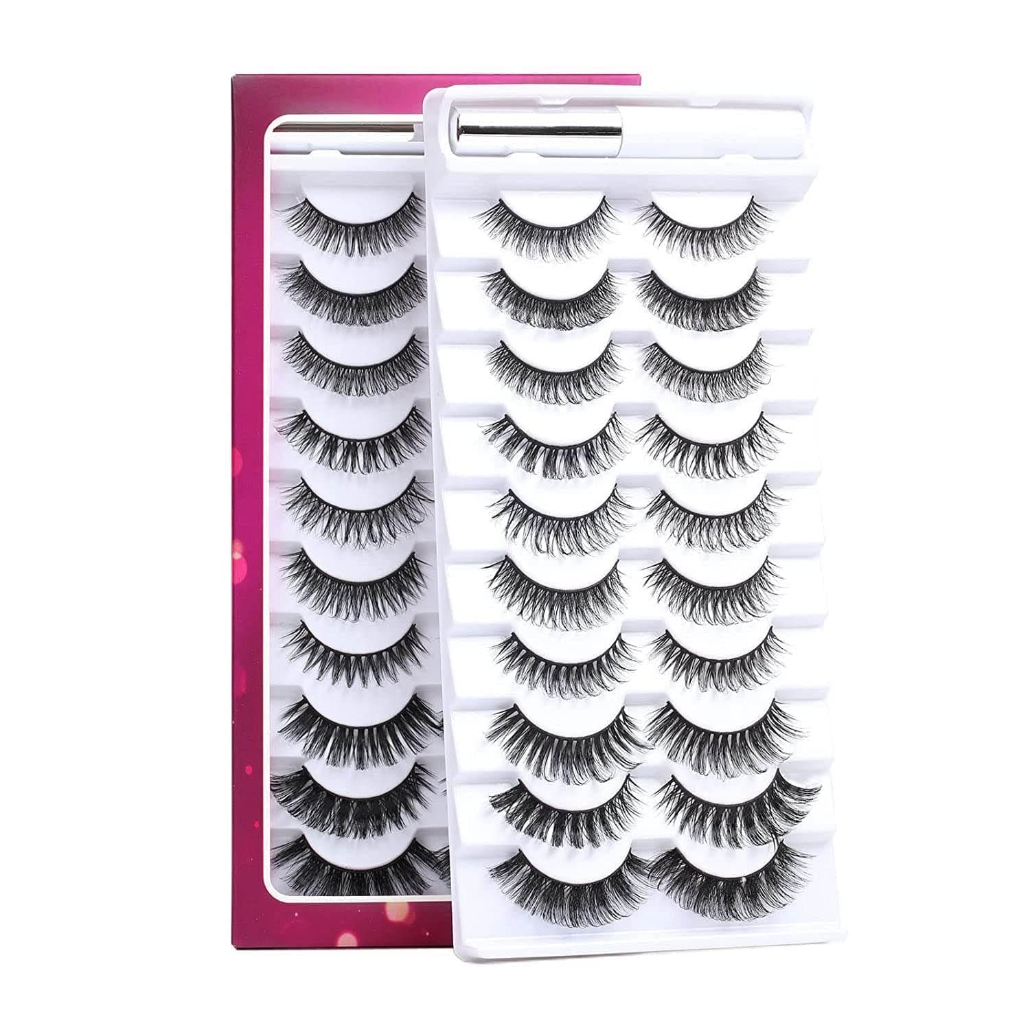False Eyelashes Russian Strip Lashes D Curl 3D 10 Pairs Fake Lashes Natural False Eyelashe with Eyelash Glue Clear Adhesive Long Lasting Waterproof Multipack Eyelashes