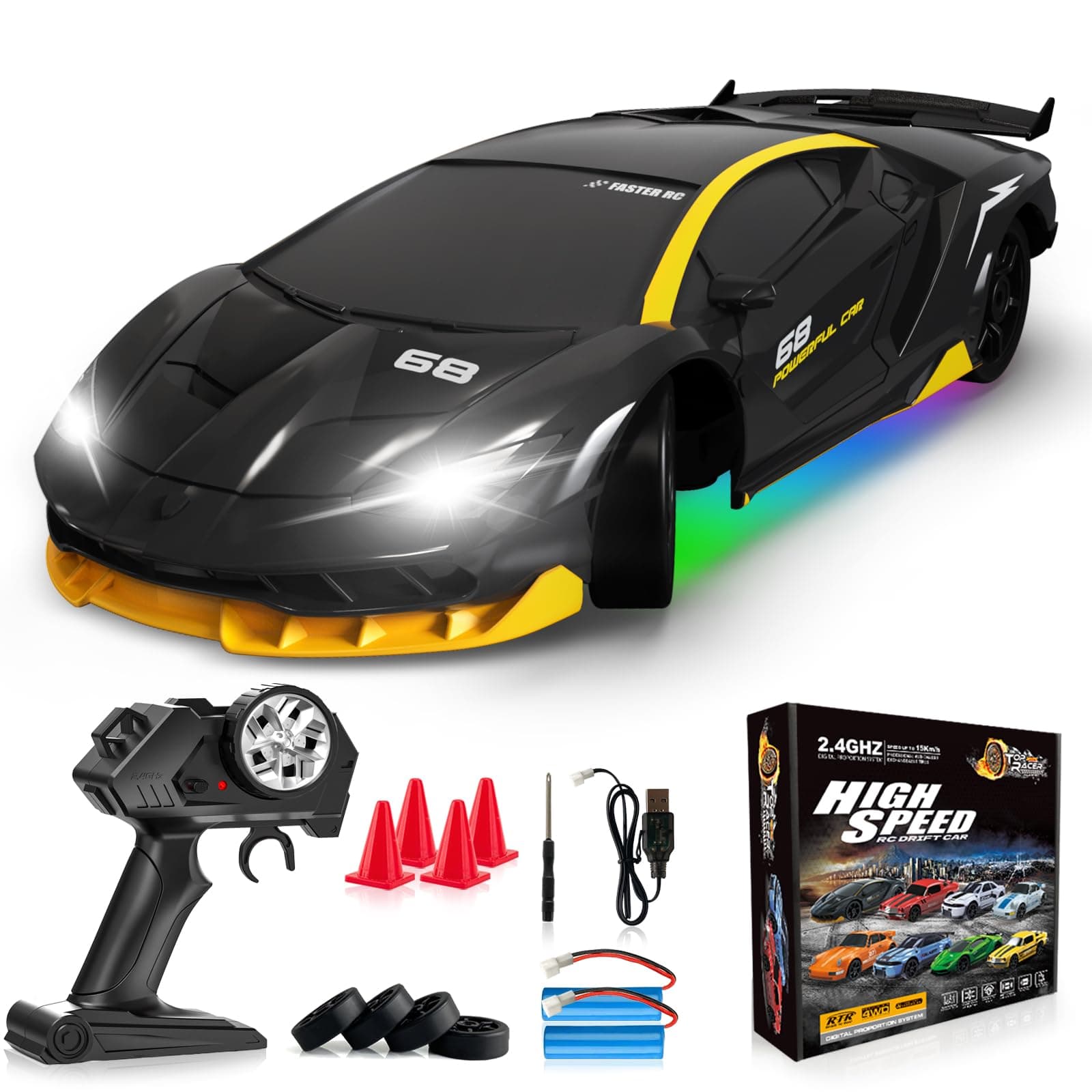 RC Drift Car Remote Control Car 2.4GHz 1/24 4WD 15KM/H High Speed Racing Sport with LED Lights Drifting Tire Toy for Adults Boys Girls Kids Gift 2Pcs Rechargeable Batteries