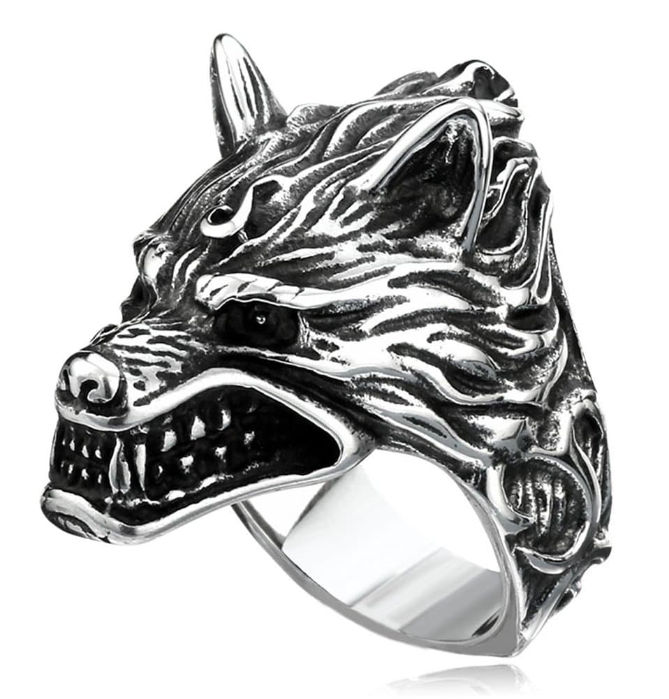 Hamoery Men Punk Stainless Steel Ring Wolf Head Titanium Ring