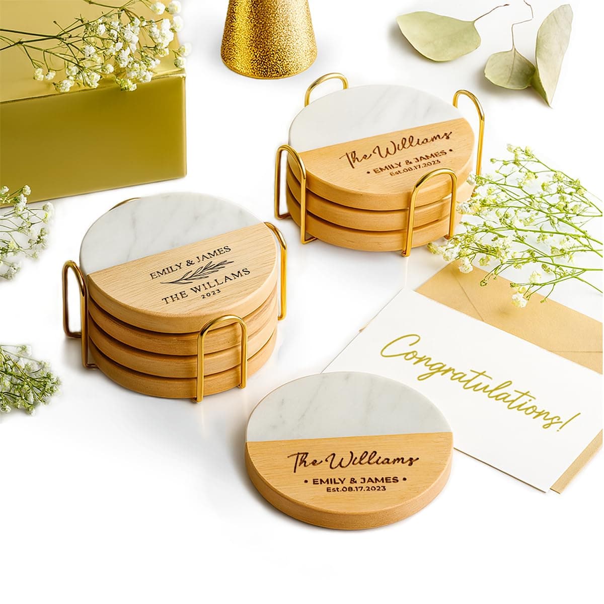 Personalized Coasters, Wedding Gift for Couple, Custom, Premium Craftsmanship Durability Tested, Custom Bar Coasters for Drinks with Monogram Engraved, Great Newlywed