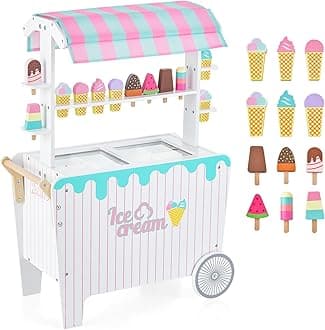 HONEY JOY Kids Ice Cream Cart, Wooden Grocery Store Playset w/12 Pieces Play Accessories, Display Rack & Freezer Compartment, Toddler Pretend Play Dessert Shop Counter Stand Truck, Gift for Boys Girls
