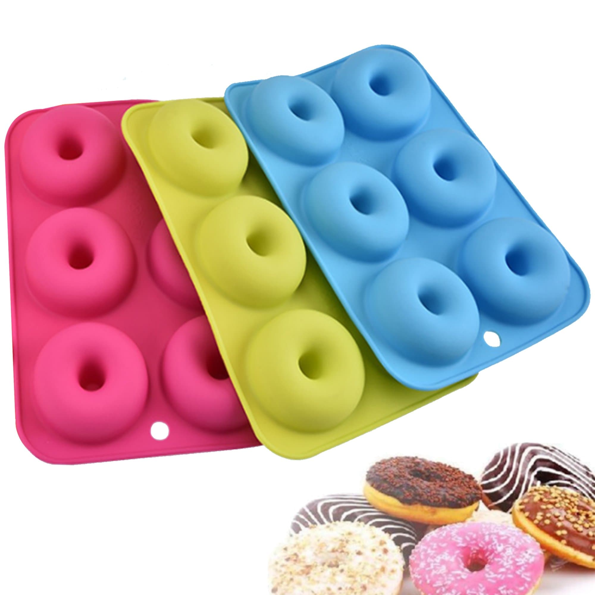 (3 Pack) Silicone Doughnut Mould, Masstimo 6 Cavity Non-Stick Safe Baking Tray Maker Pan Heat Resistance Donut Molds for Cake Biscuit Bagels Muffins-Blue, Pink and Green