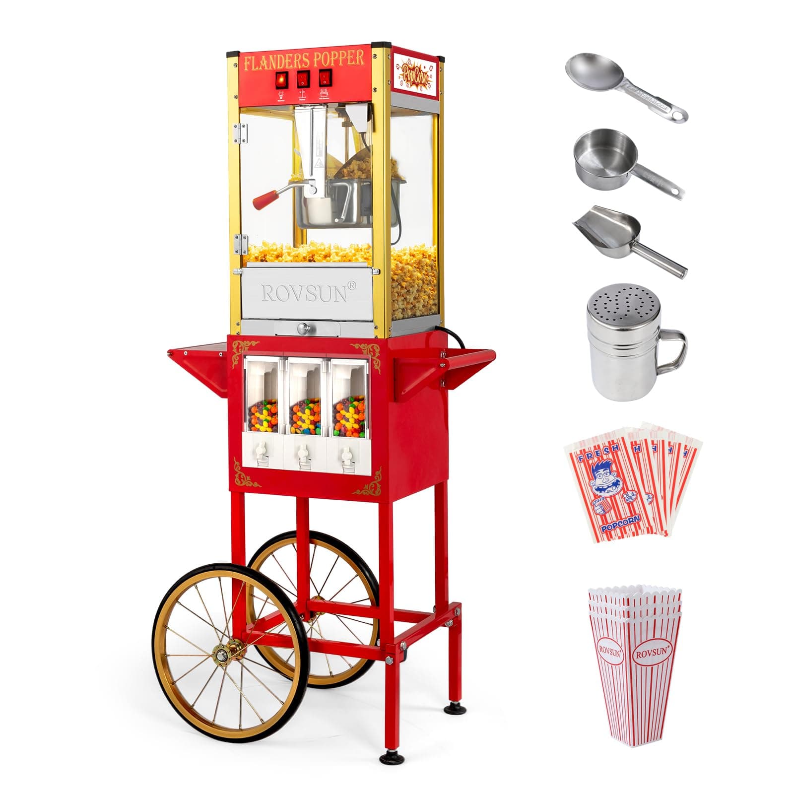 ROVSUN Popcorn Machine Cart with Candy Dispenser, 8 Oz Kettle Makes Up to 32 Cups ETL, Popcorn Maker w/Scoop, Oil Spoon, Bags & Cups, Movie Theater Style Popper for Commercial Home Party, Red