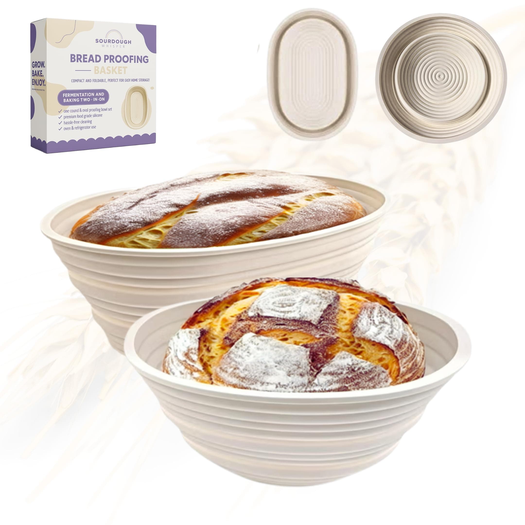 Premium Foldable Silicone Sourdough Banneton Bread Proofing Basket - Includes Oval & Round proofing Bowls (9.5 Inch) - Oven & Dishwasher Safe, Gifts for Artisan Bakers - Beige