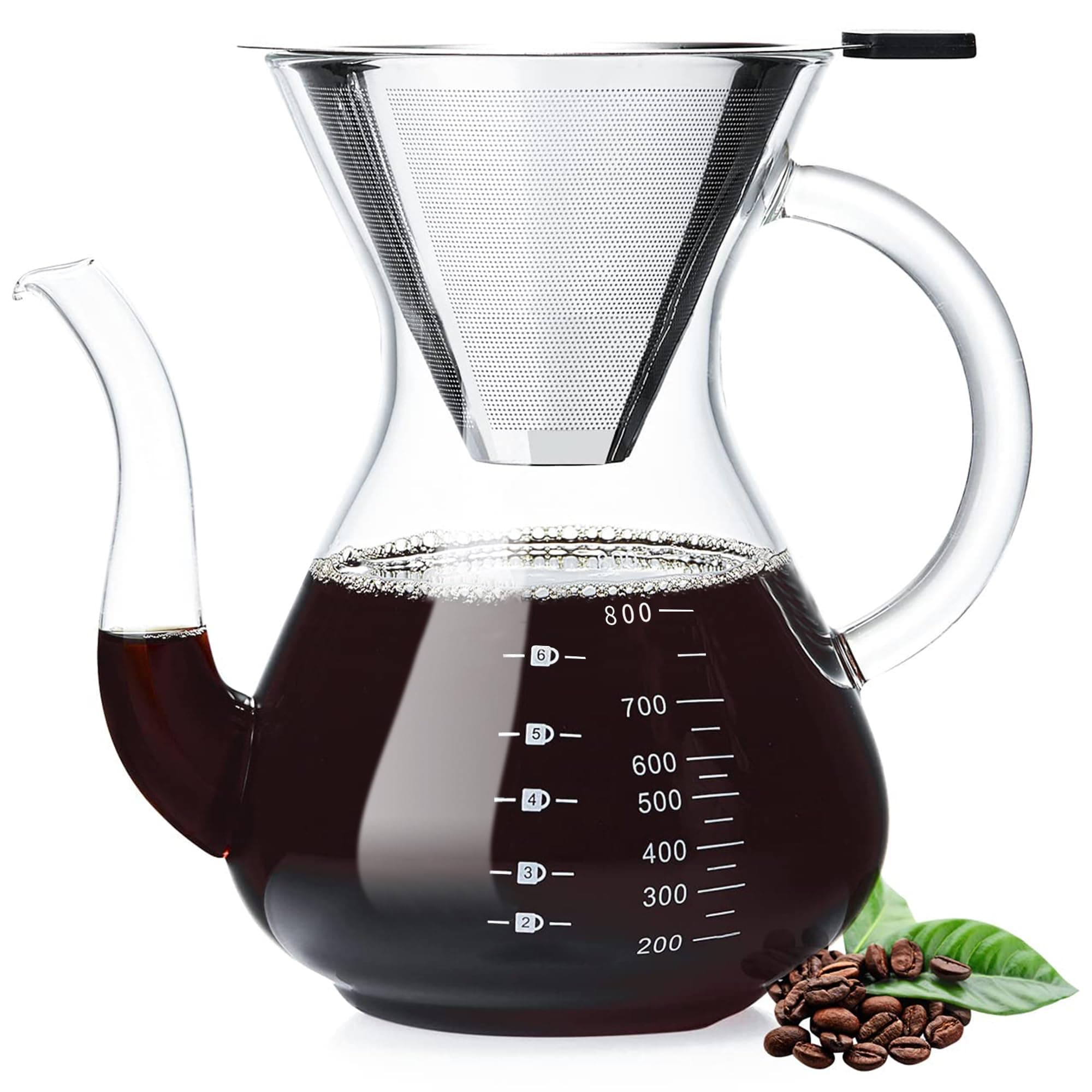 Pour Over Coffee Maker with Double Stainless Filter 8-Cup, Thickened Heat-Resistant Borosilicate Glass Pour Over Coffee Dripper, Stovetop Safe
