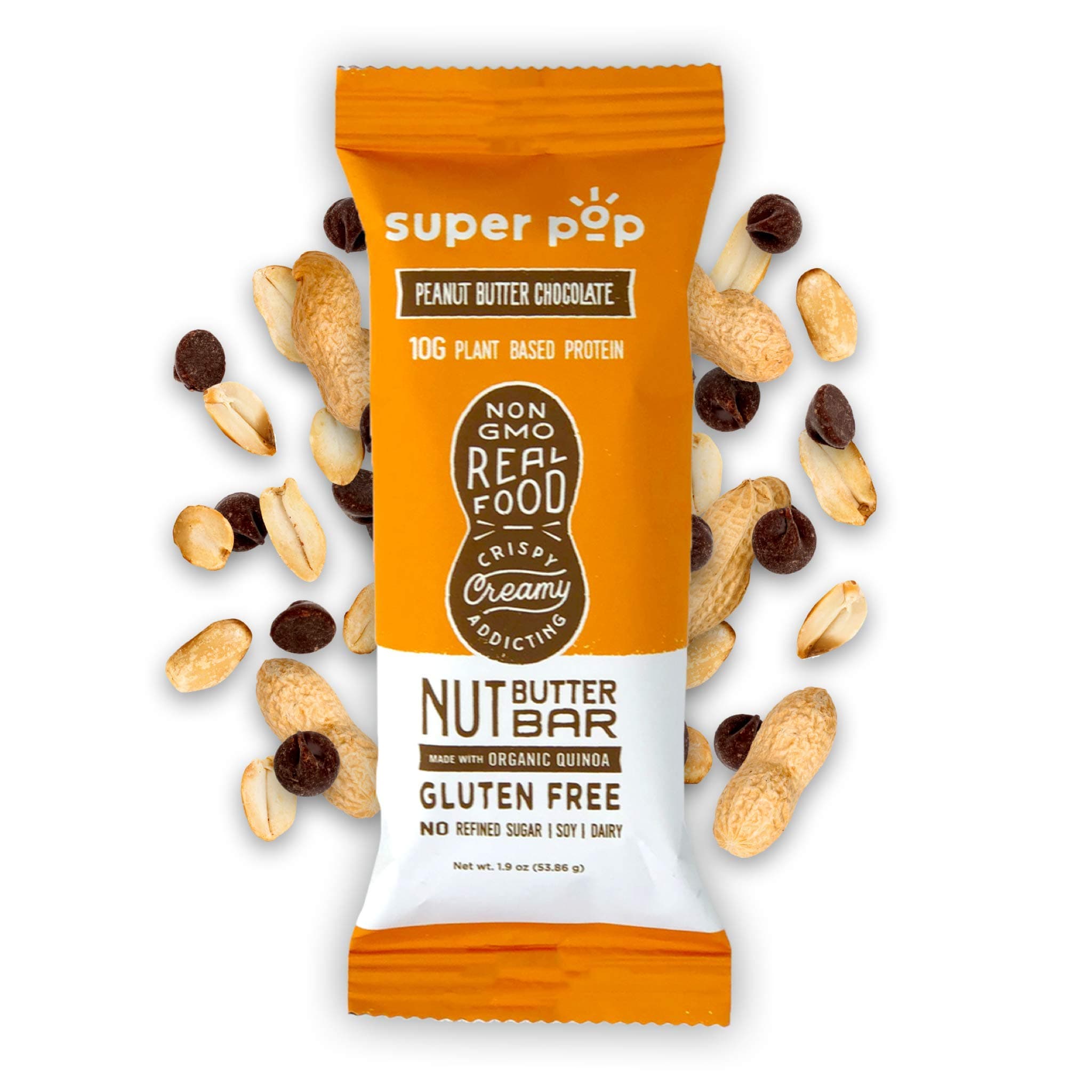 Super Pop SnacksClean Plant Based Protein Bars, Peanut Butter Bars with Organic Whole Foods, Low Sugar, No Sugar Alcohols, Gluten Free, Dairy Free, 10g Protein, Peanut Butter Chocolate (12 pack)