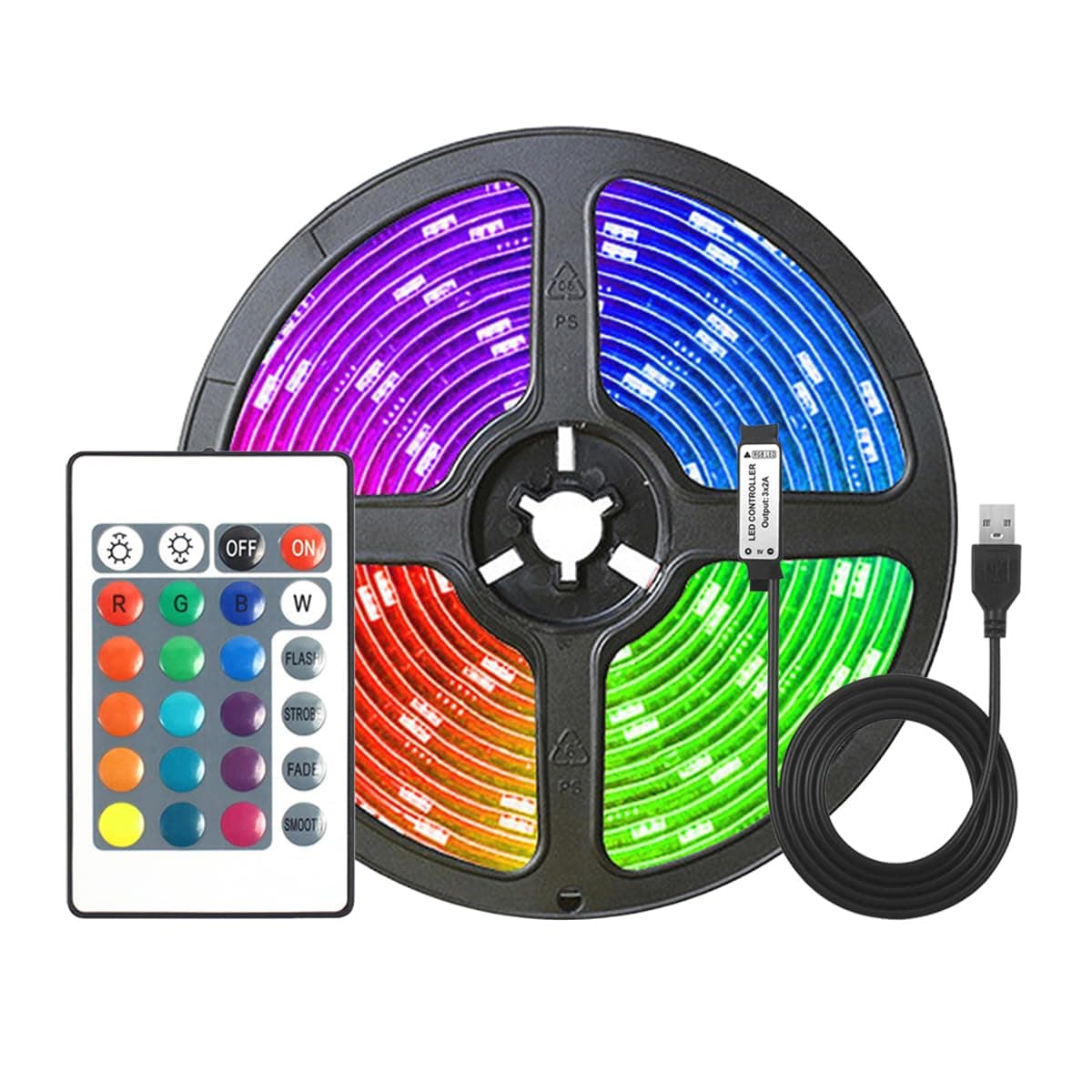 USB LED Strip Lights, 16 Colour Variations, 24 Keys Remote, Self-Adhesive, Indoor (2 M)
