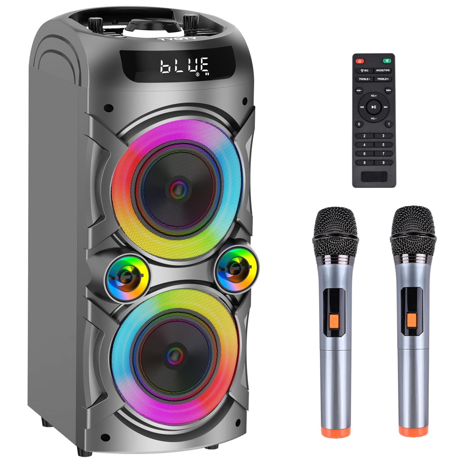 Karaoke Machine with 2 Wireless Microphones, Portable PA System Big Bluetooth Speaker with LED Lights, Remote Control Support Bass/Treble Adjustment, TF Card/USB, REC for Adult Kids Home Party