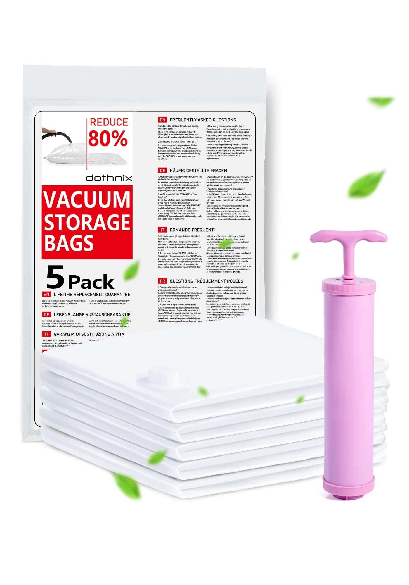 Dothnix Vacuum Storage Bags 5 Pack, Compressed Reusable Storage Bags with Zip & Pump for Bedding, Double Duvets, Pillows, Quilts, Clothes, Dresses, Coats, Curtains, Blankets