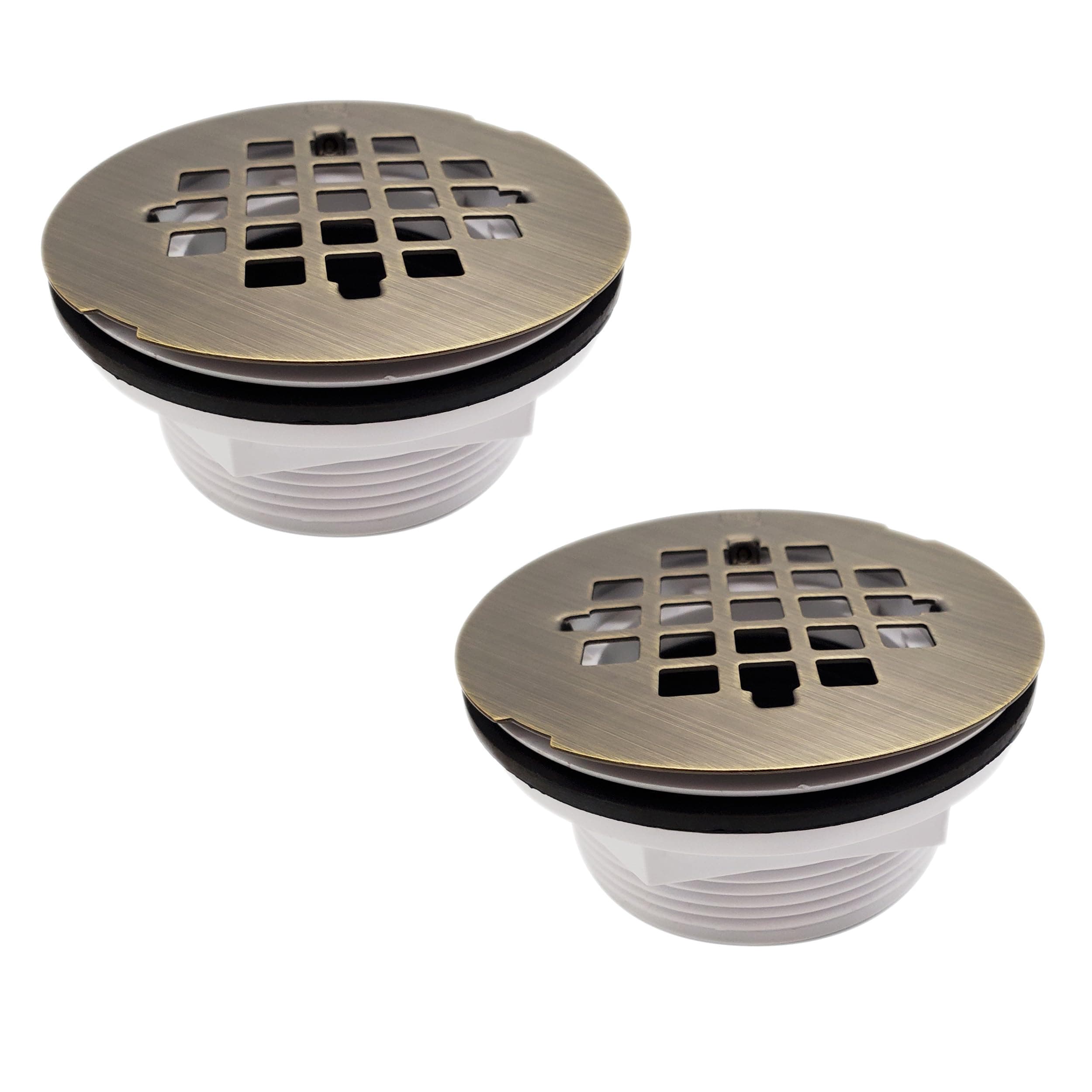 Westbrass D206P-2-06 2" No-Caulk PVC Compression Shower Drain with 4-1/4" Round Grid Cover, Antique Brass (2-Pack)