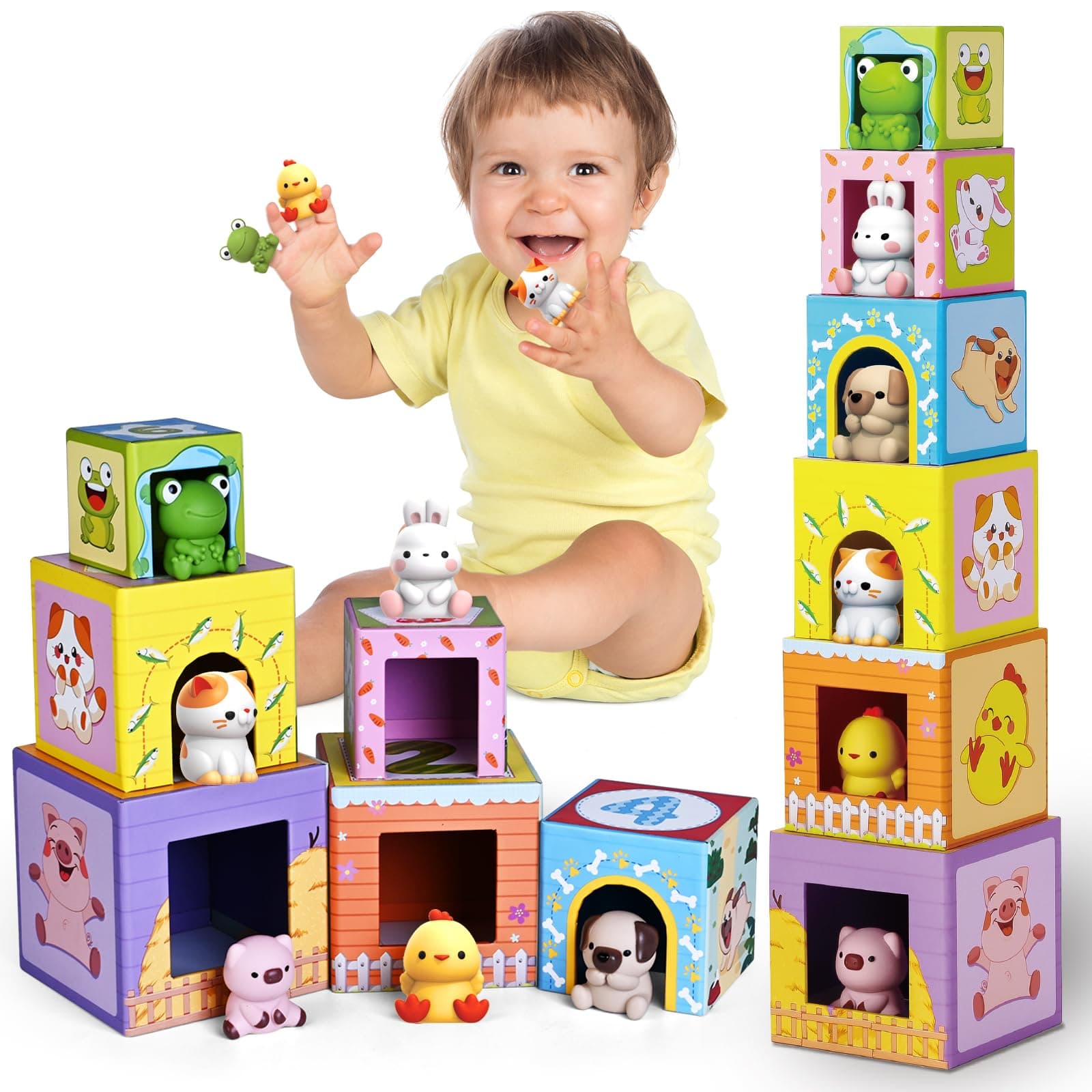 - Toddler Farm Animal Sorting and Stacking Toys, Nesting Boxes and Blocks With Finger Puppets - Gifts for 1-3 Year Olds