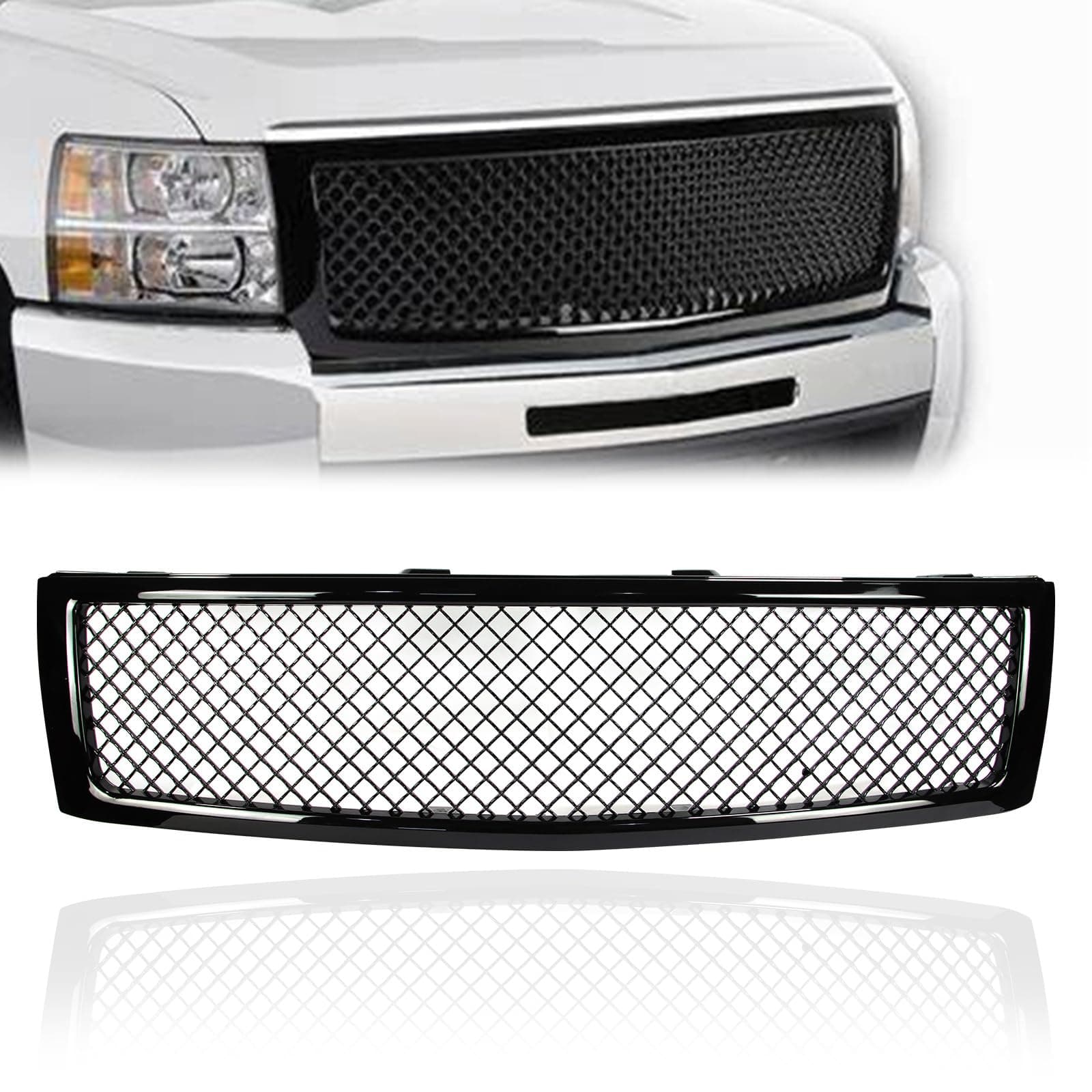 Car Front Grill Gloss Black Replacement Mesh Grille Guards Compatible for 2007 2008 2009 2010 2011 2012 2013 Silverado 1500
