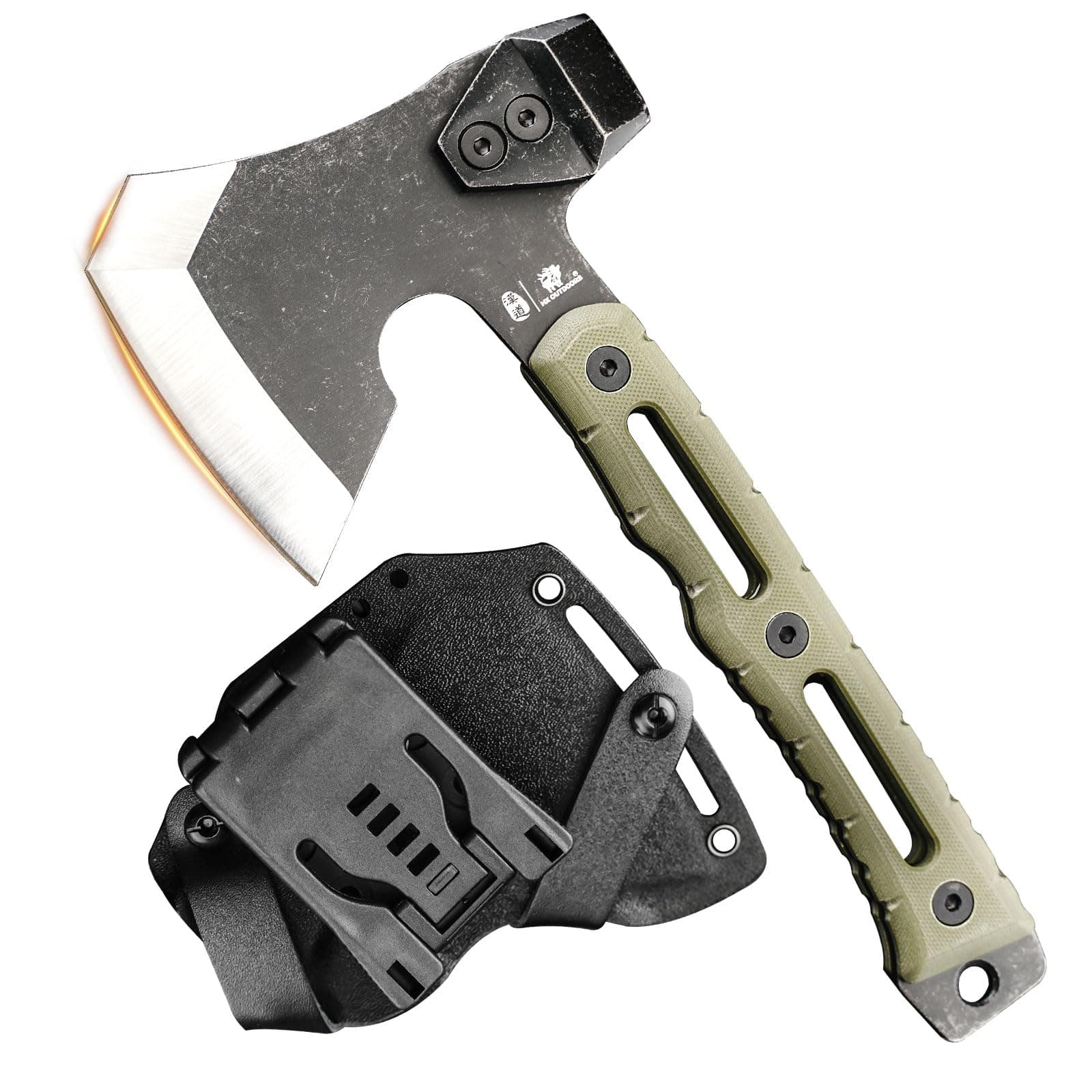 HX HX OUTDOORS Mini Multifunctional Hatchet, Full Tang Axe with Non-Slip Handle and Durable Kydex Sheath (OD Green)