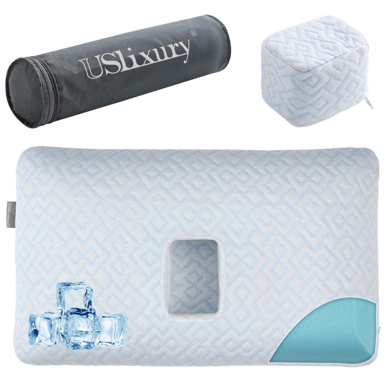 USlixury Piercing Pillow - Large Ear Piercing Pillow with Foam Plug, 4''H Ear Pilow with 5.1*3.2 and Off Center Earr Hole, Soft CertiPUR-US Memory Foam Pirecing Pilow for Side Sleepers, Cooling Sleep