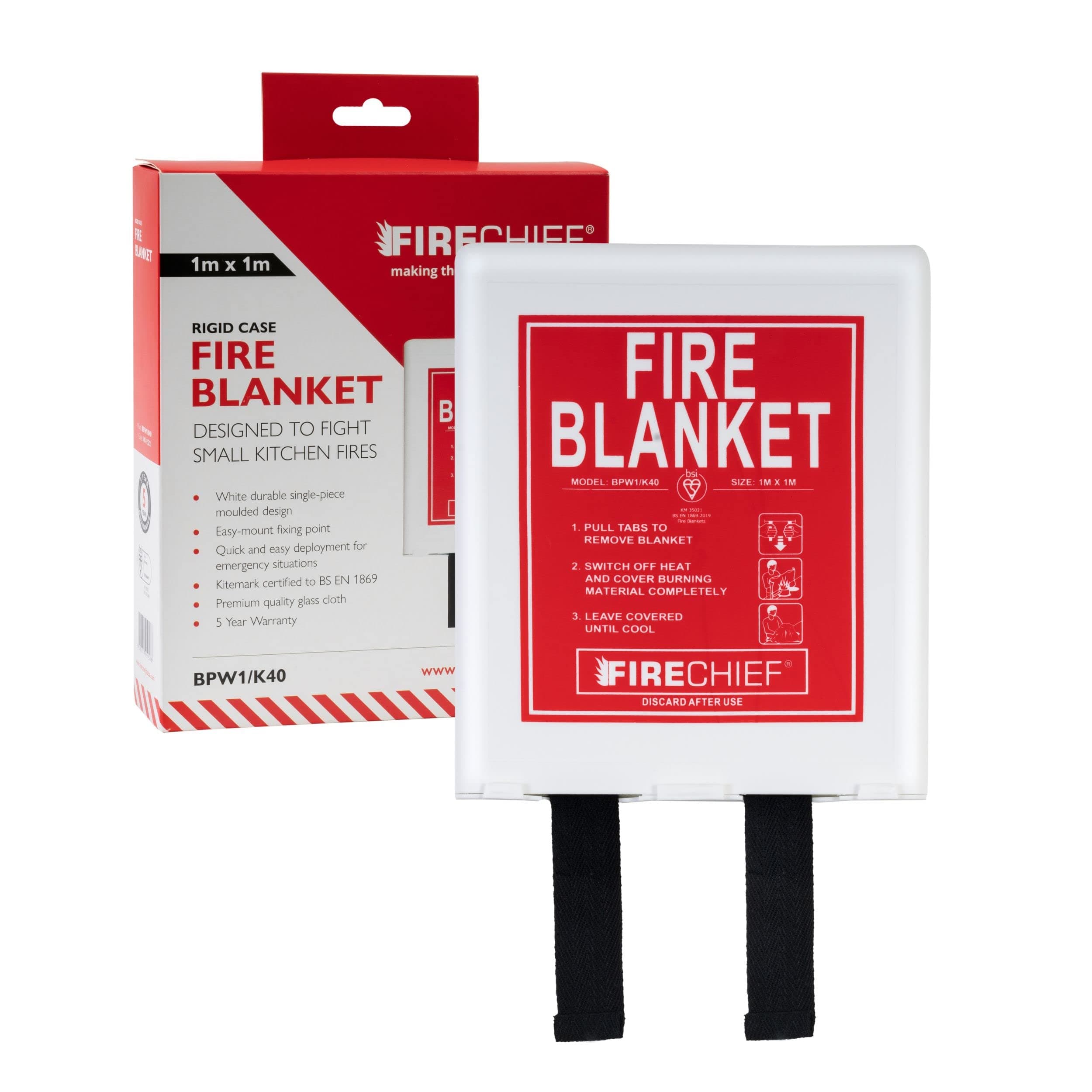 Firechief Kitemarked Fire Blanket 1m x 1m, Rigid Case, White – Small Emergency Fire Blanket for Home, Kitchen, Garage - Kitemark Certified to BS EN 1869 - BPW1/K40 Model