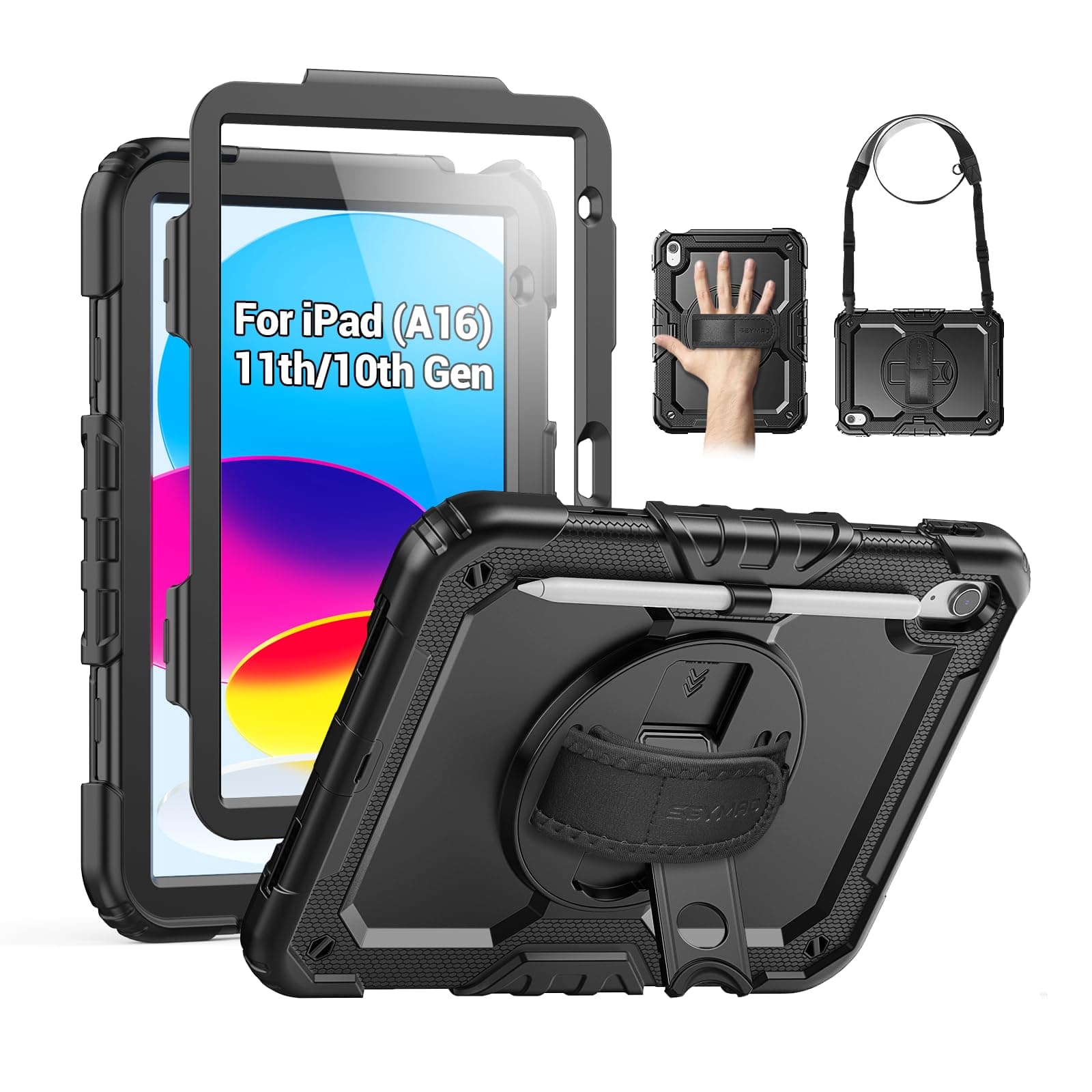 SEYMAC Case for iPad (A16) 11th/10th Generation 2025/2022 (11″/10.9″), Sturdy Heavy Duty Full-Body Shockproof Protective Case with Screen Protector, Rotating Stand, Hand/Shoulder Strap, Black