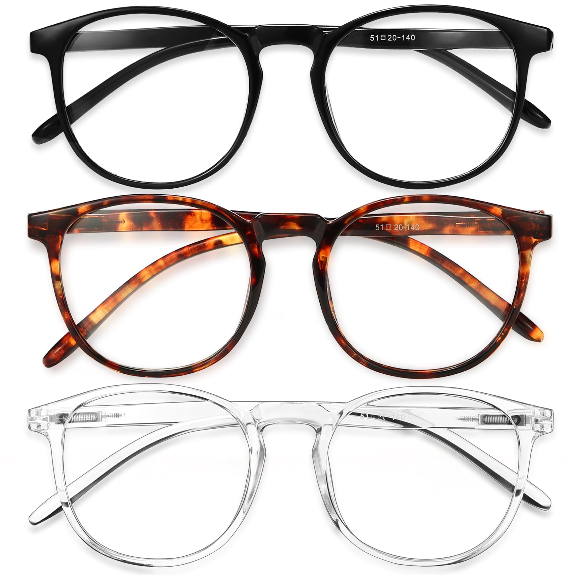 IBOANN 3 Pack Blue Light Blocking Glasses Women/Men, Round Fashion Retro Frame, Vintage Fake Eyeglasses with Clear Lens (Light Black & Acorn Tortoise & Transparent)