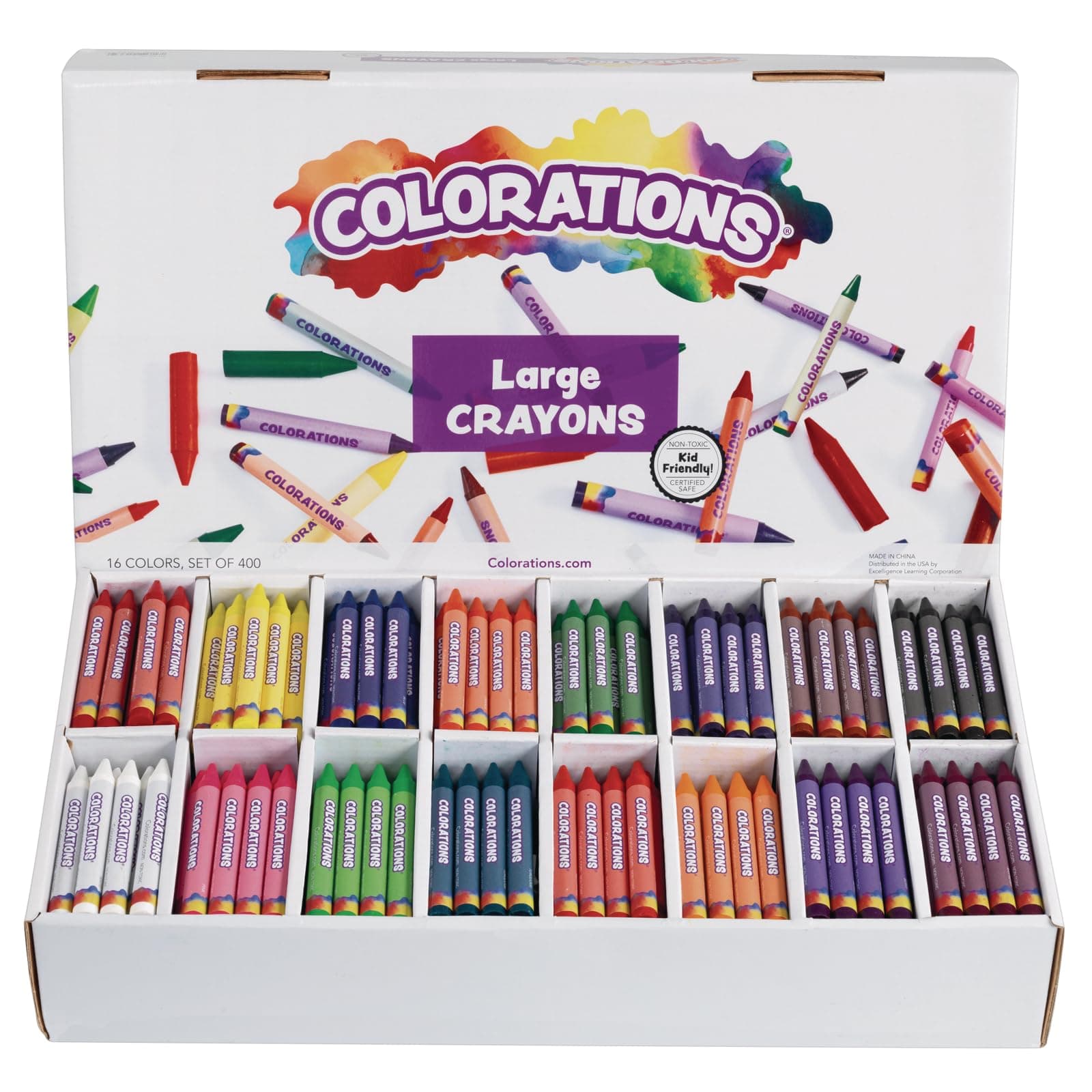 Colorations Large Crayon Classroom Pack, 400 Count, 16 Colors, Non-Toxic, Kids School Supplies - Bulk Jumbo Crayons for Toddlers, Arts and Crafts