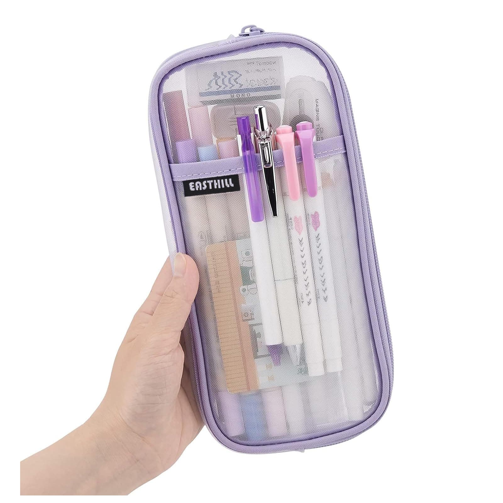 EASTHILL Grid Mesh Pen Pencil Case with Zipper Clear Makeup Color Pouch Cosmetics Bag Multi-Purpose Travel School Teen Girls Transparent Stationary Bag Office Organizer Box for Adluts(Purple)