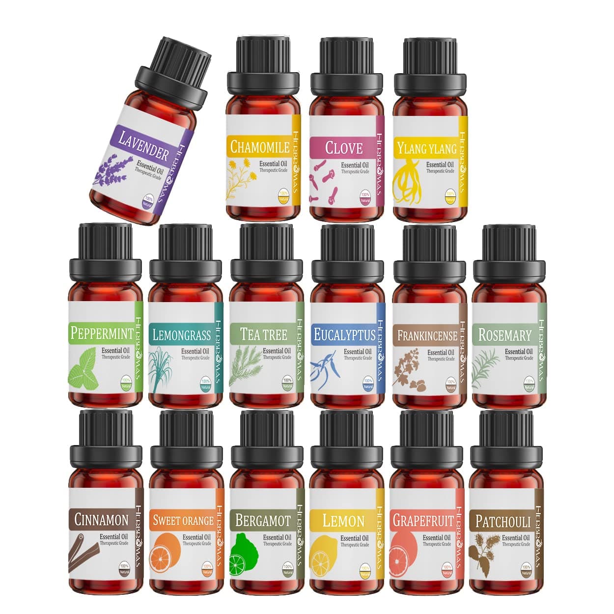 Essential Oils Set by Herbromas - Top 16 Natural Aromatherapy Essential Oils Gift Set for Candle Making, Soap Making, Cleansing House, New Home, Car Diffuser, Air Freshener