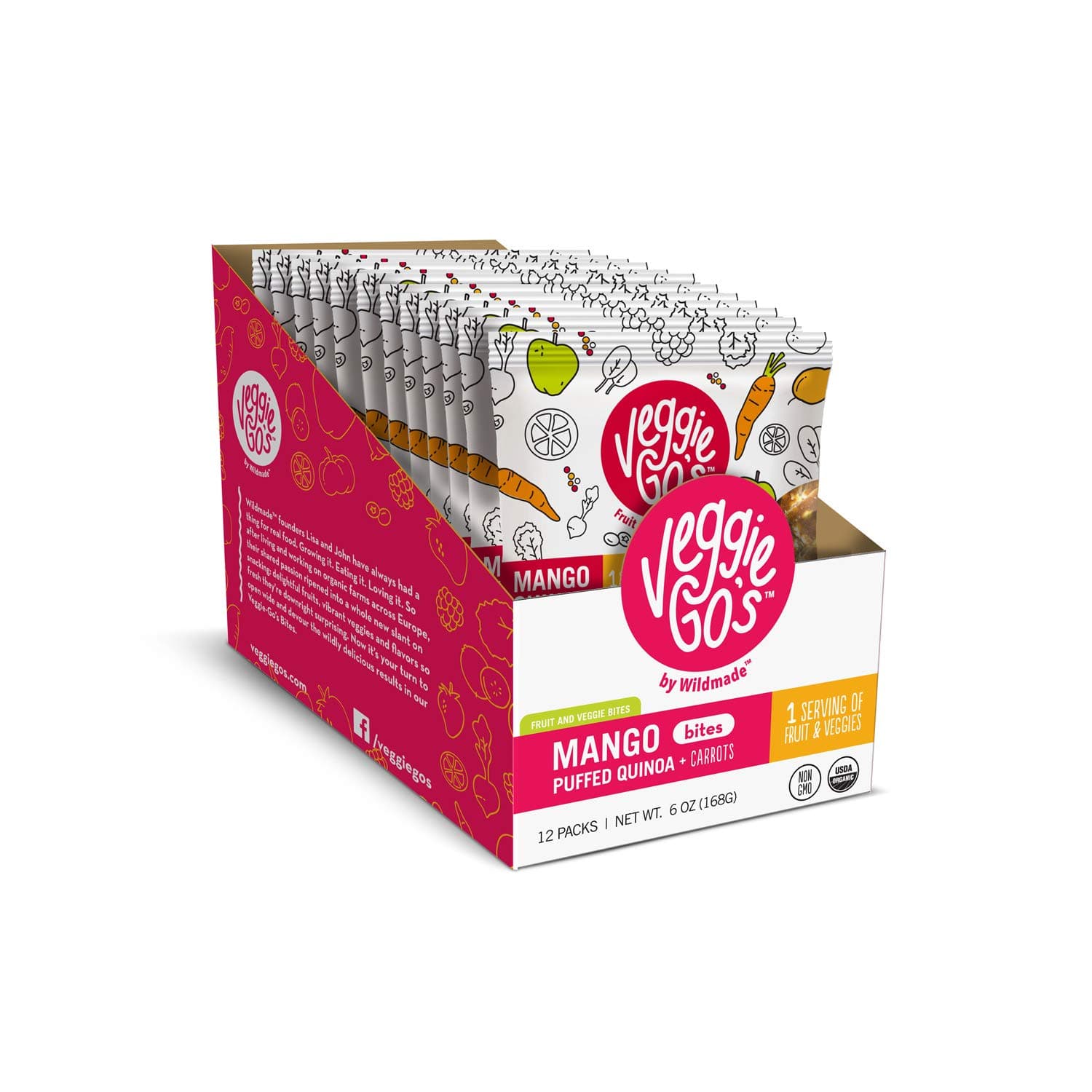 Wildmade Veggie Go's Fruit and Veggie Bites (Mango, Quinoa + Carrots) Organic Fruit Chews with No Added Sugar for Kids and Adults - Gluten-Free, Non-GMO, Vegan - 12 Pack