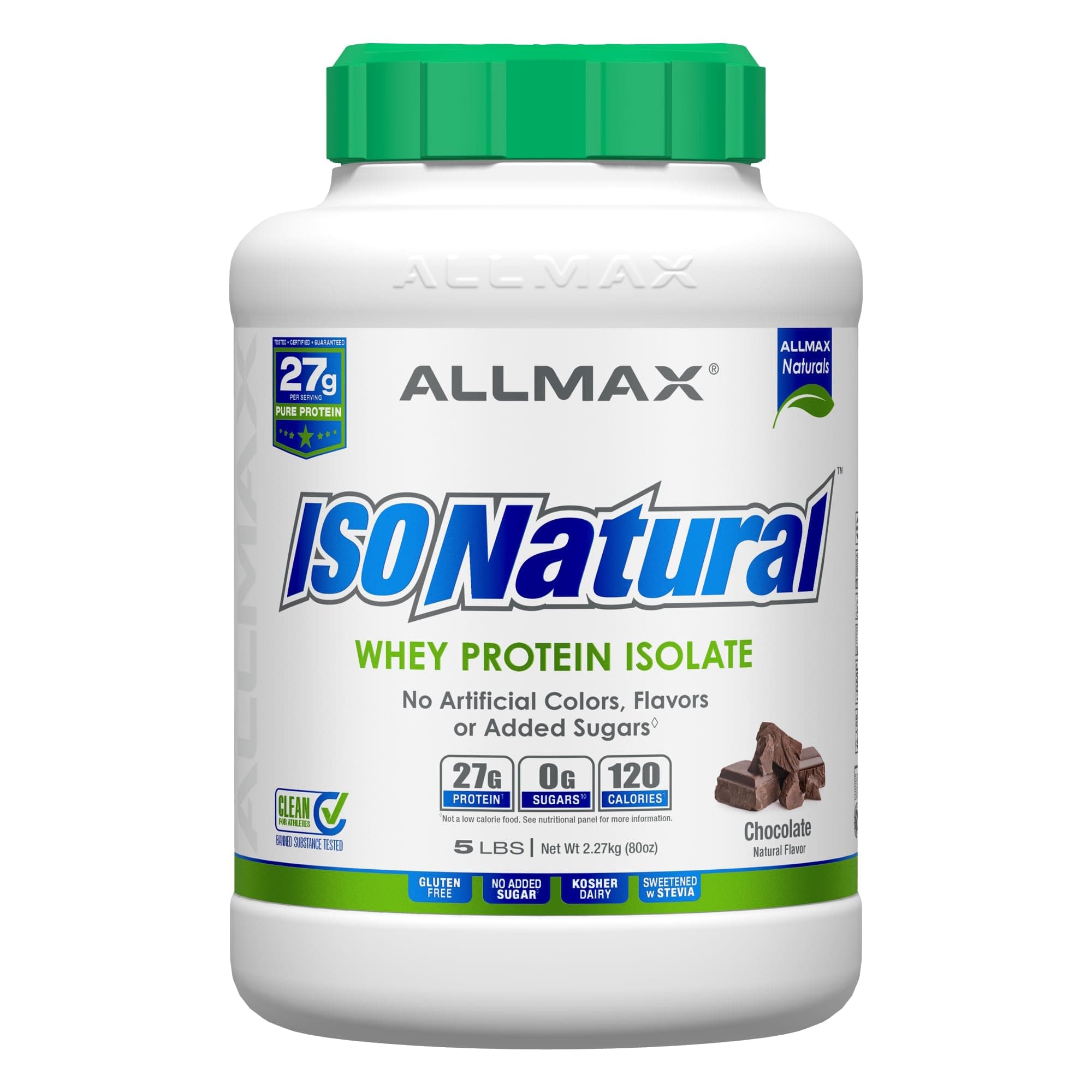 ALLMAX ISONATURAL Whey Protein Isolate, Chocolate - 5 lb - 27 Grams of Protein Per Scoop - Zero Fat & Sugar - 99% Lactose Free - with Prebiotics - No Artificial Flavors - Approx. 73 Servings