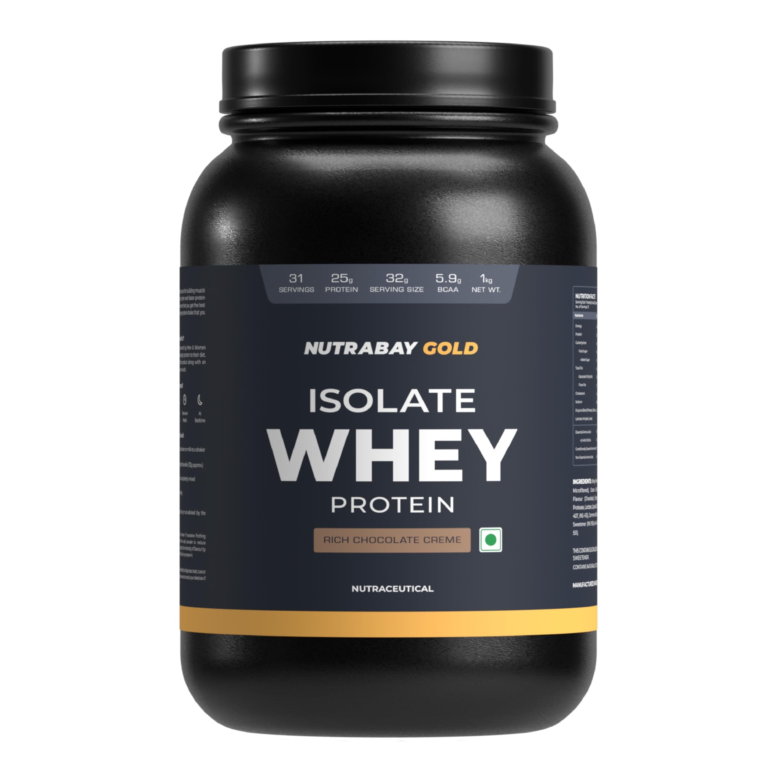 Gold Whey Protein Isolate Powder 25g Protein, 5.9g BCAA per Serving, Easy to Digest, NABL Lab Tested – Muscle Growth & Recovery – 1kg, Rich Chocolate Creme|100% Authentic Clean Protein