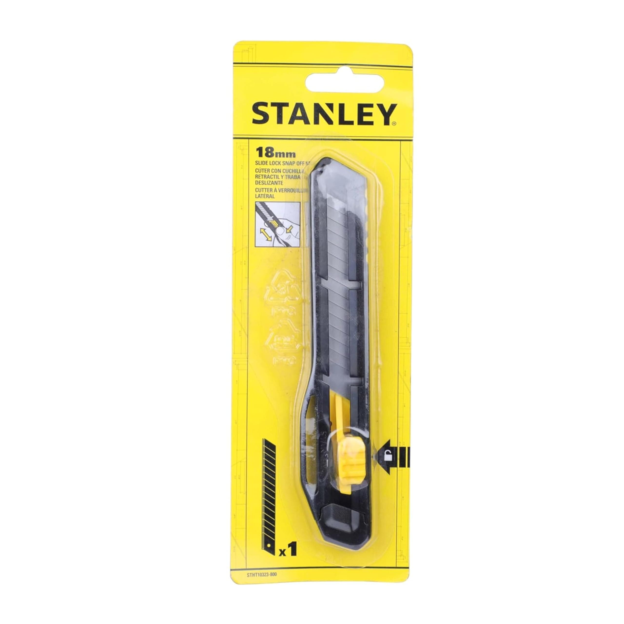 STANLEY STHT10323-800 18 mm Plastic Slide Lock Snap-Off Knife for Home & Professional Use, Carbon Steel Blades with 15 Cut-Off Points for Precision, YELLOW & BLACK