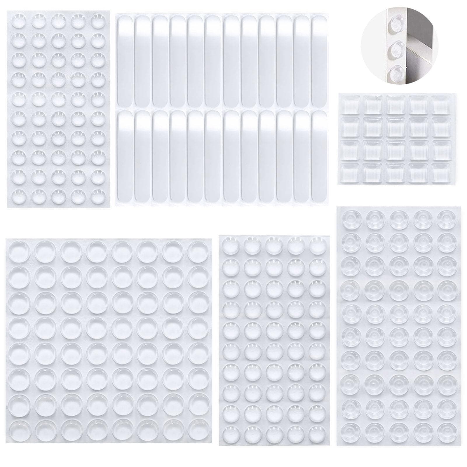 258 Pcs Elastic Door Buffer, Scettar Rubber Feet Pads, Self Adhesive Noise Dampening Pads 6 Sizes, Transparent Silicone Pads for Wall Door Stopper Drawers Kitchen Cabinet Floor Wall Fridge