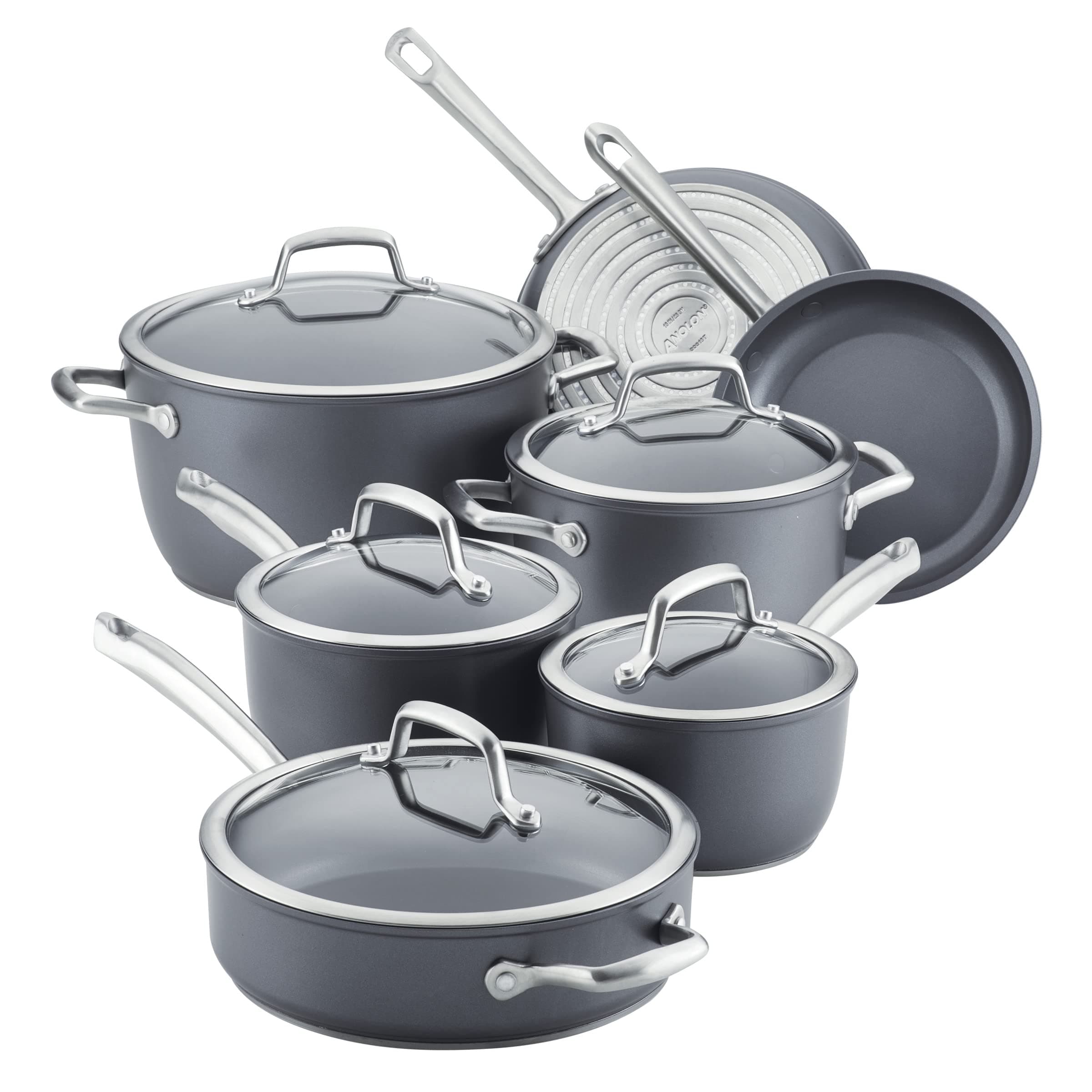 Accolade Hard-Anodized Precision Forge Cookware Set with Glass Lids, 12-Piece Pot and Pan Set, Moonstone