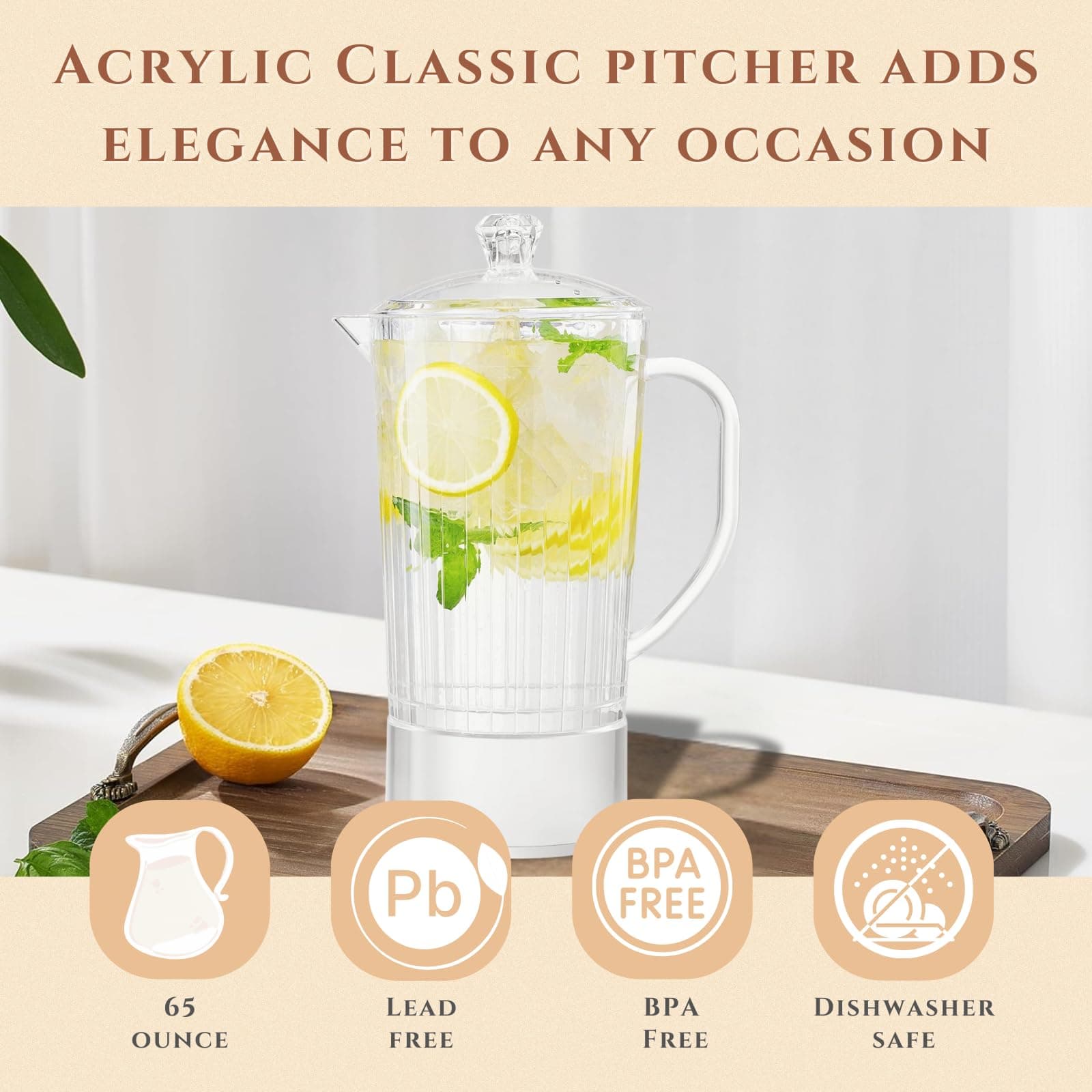 Khen Acrylic Classic Beverage Pitcher with Lid (65 oz) Plastic Water, Sangria, Lemonade, Margarita, Juice, Iced Tea Pitchers, Clear Tritan Glassware Lookalike, Dishwasher Safe BPA-Free