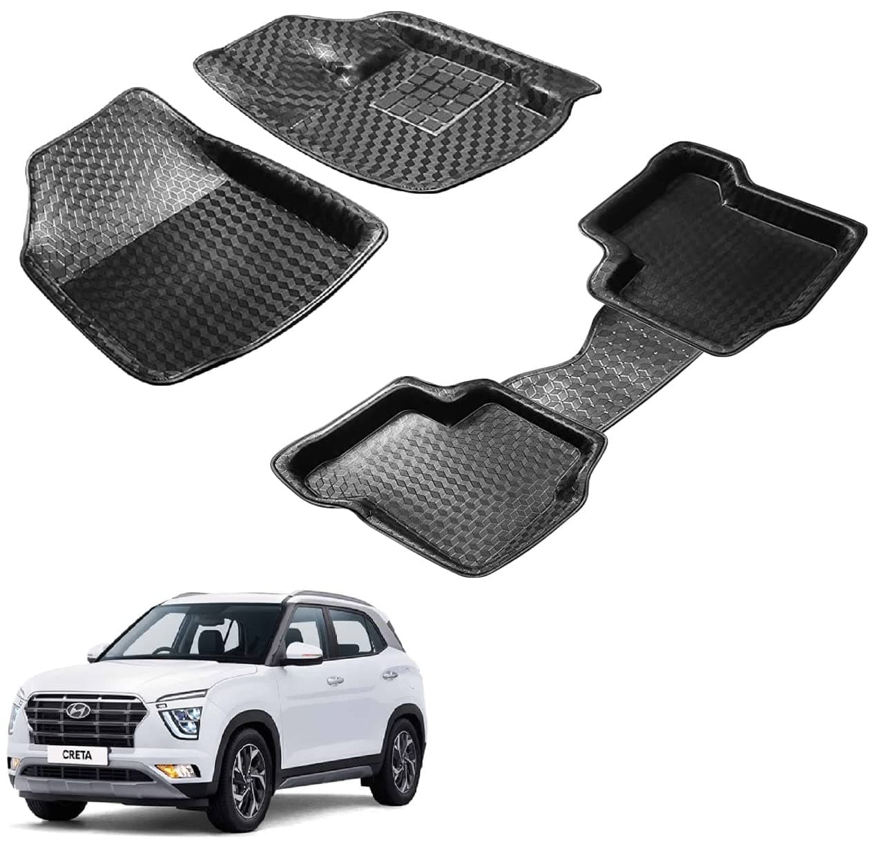 Auto Hub EVA-Plastic 3D/4D Car Floor Mats Compatible with Hyundai Creta New (Model : 2020-Till Date)-Black