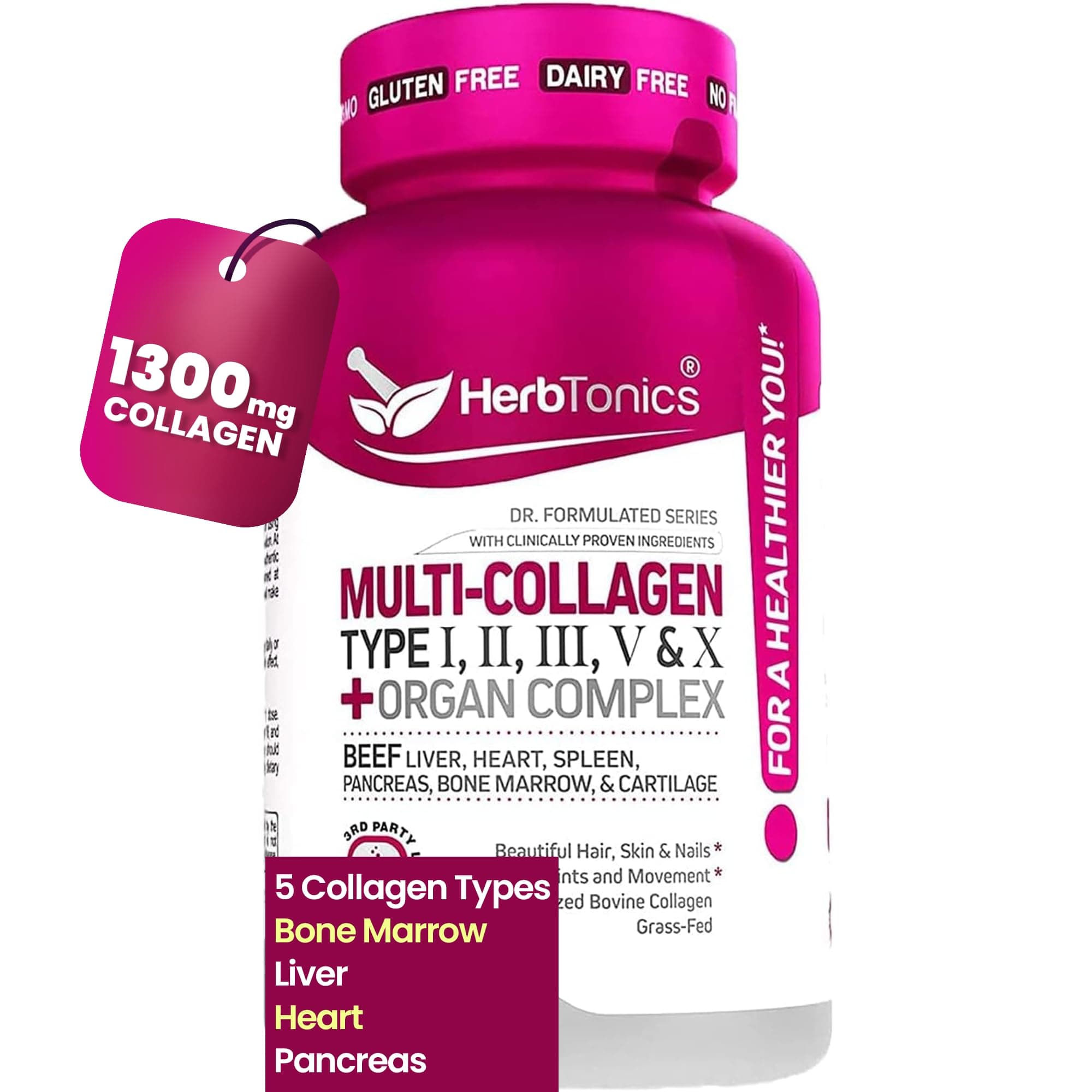 Herbtonics Multi Collagen + Organ Complex Capsules - 5-Type Collagen & Beef Organ Complex for Beauty & Vitality, 90 Capsules.