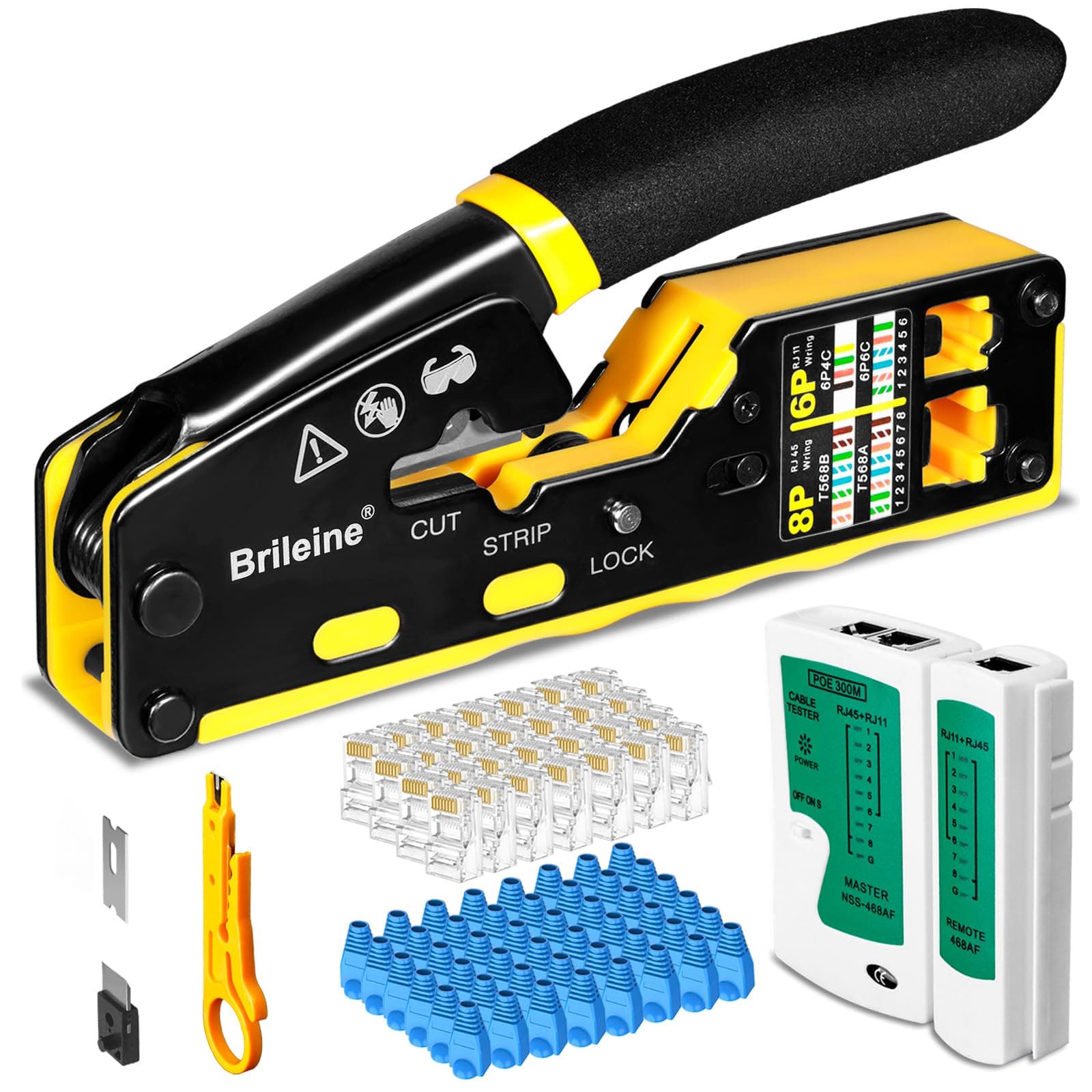 Crimp Tool Pass Through Kit Ethernet Crimper Cat5 Cat5e Cat6 Crimping Tool for RJ11/12 6P/8P with Network LAN Cable Tester, 50PCS CAT6 Connectors, 50 PCS Boots, Mini Cable Stripper